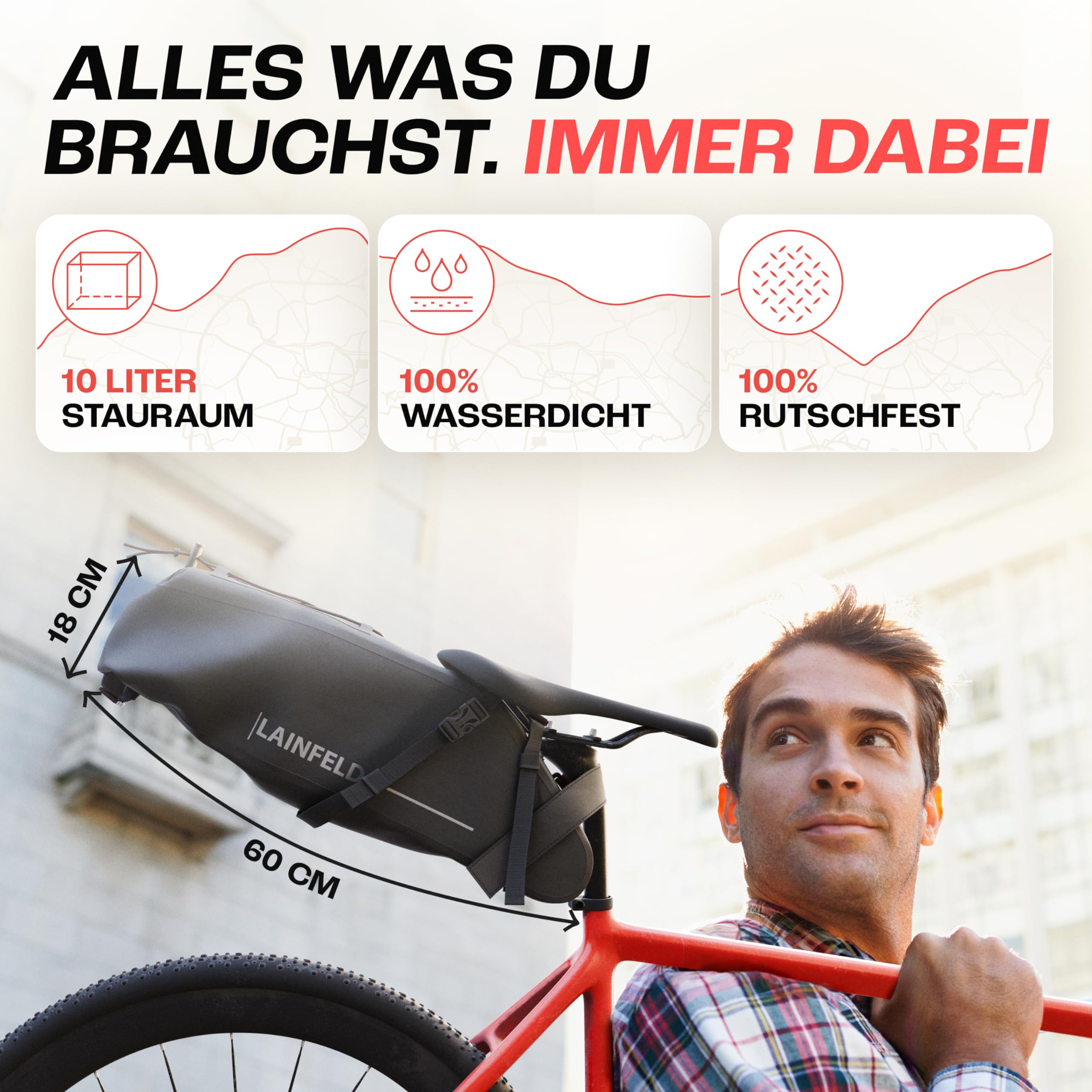 LAINFELD Fahrrad-Satteltasche [10 Liter] – 100% Wasserdicht, Reflektierend – Bikepacking-Zubehör für E-Bike, MTB, Gravel & Rennrad