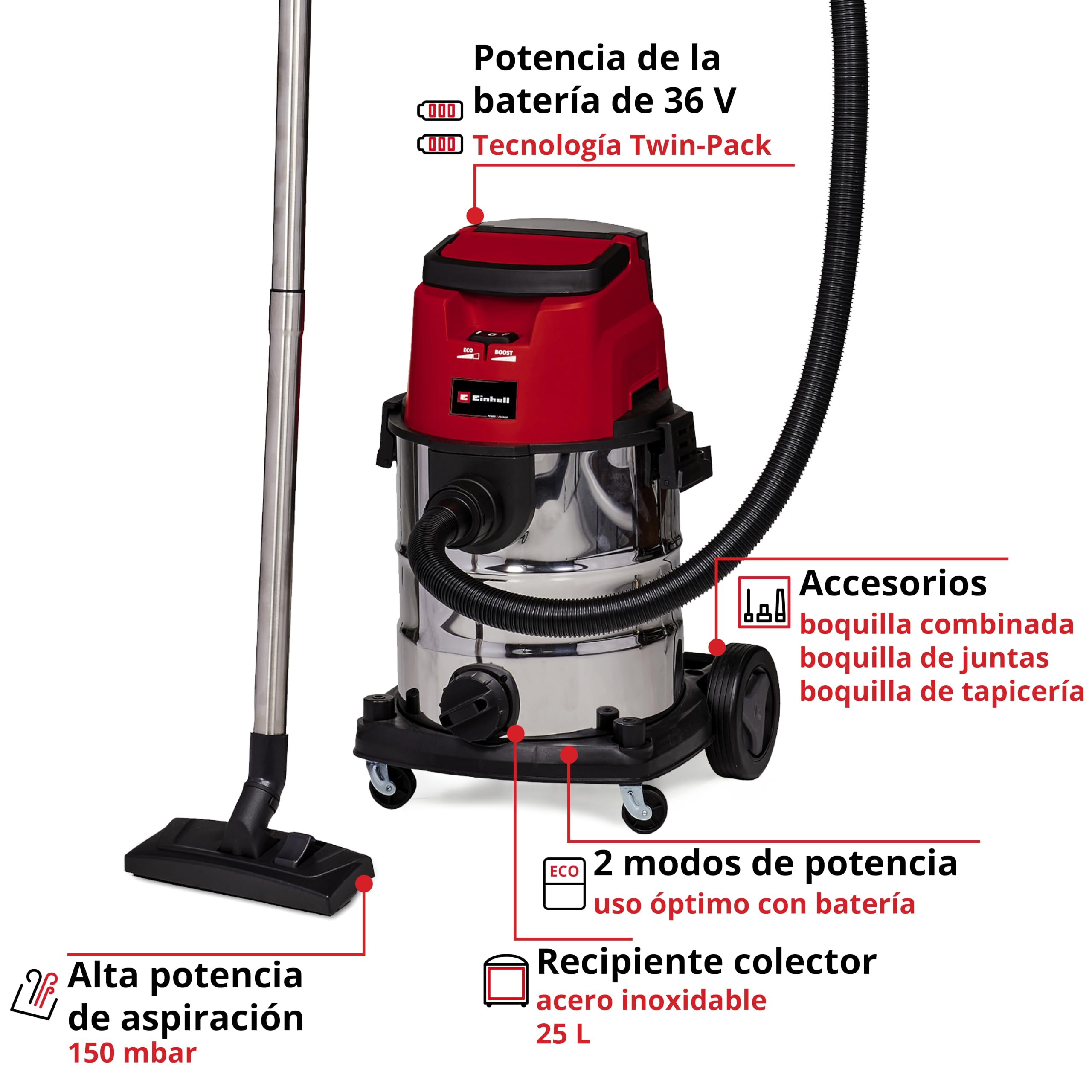 Einhell Aspirador en seco y húmedo con batería TE-VC 36/25 Li S-Solo