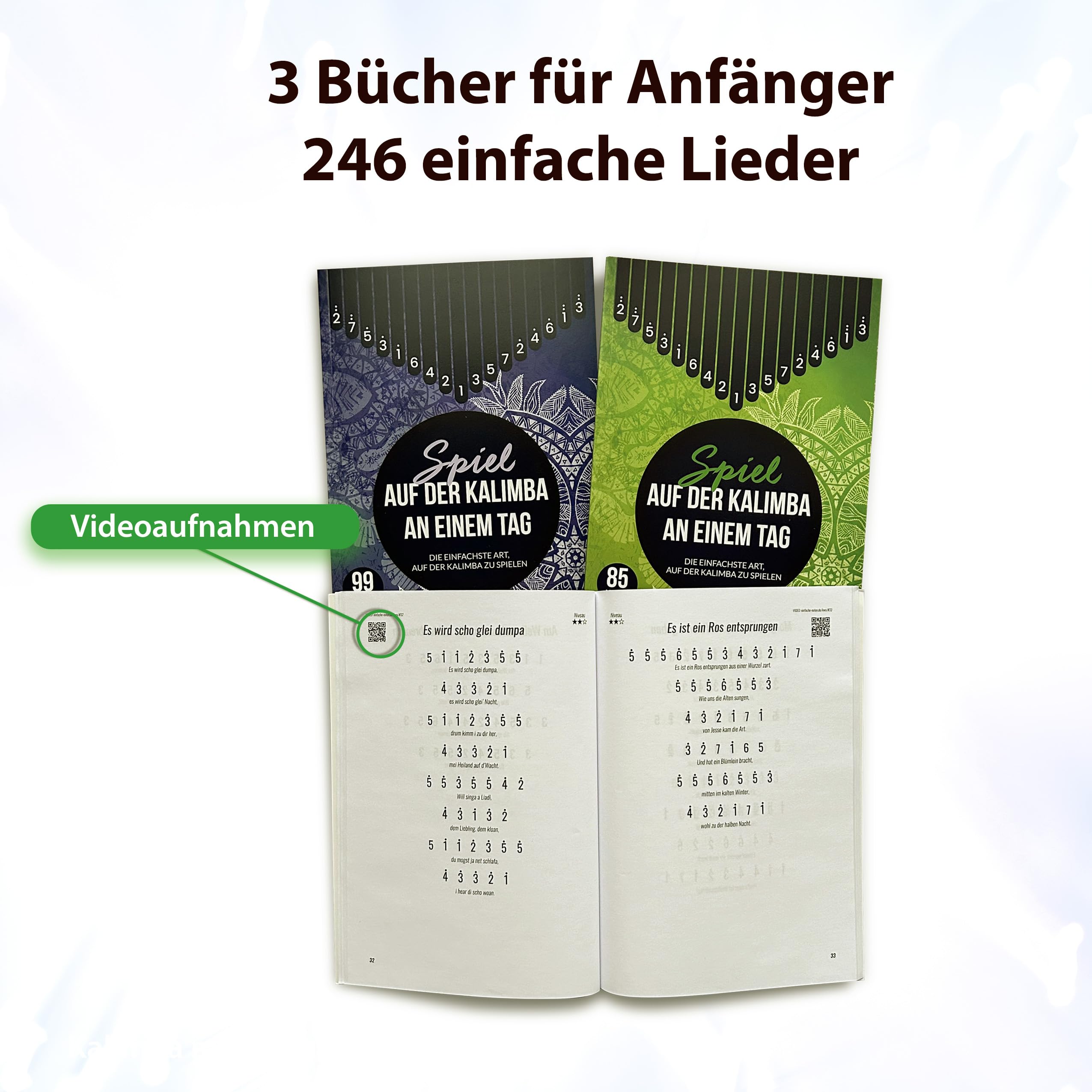 Spiel auf der Kalimba an einem Tag! Paket: 3 Bücher für Anfänger, Ratgeber + 246 einfache Lieder & Videoaufnahmen