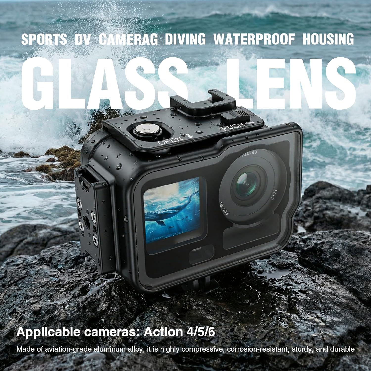 Aluminum Alloy Waterproof Housing Case for DJI Action 4/5/6, 60 Meter Diving Protective Shell with Tempered Glass, Magnetic Quick Installation, Black Metal (Without Handle)