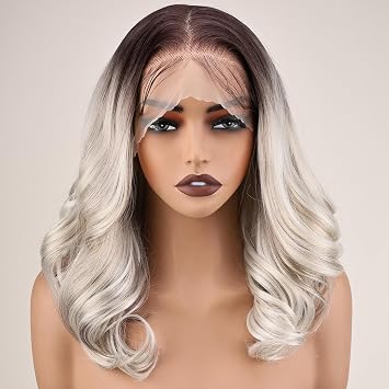 SISgrace Platinum Blonde 136 HD Lace Front Wigs Plucked Tiny Knots Natural Hairline Bob Wigs 18 Inch Synthetic Glueless Body Wave Wigs for Women Pre Layered Brown Roots | Breathable Pre Plucked Tiny Knots Natural Hairline Wig Synthetic Glueless Body Wave Wigs for Women Pre Layered Brown Roots