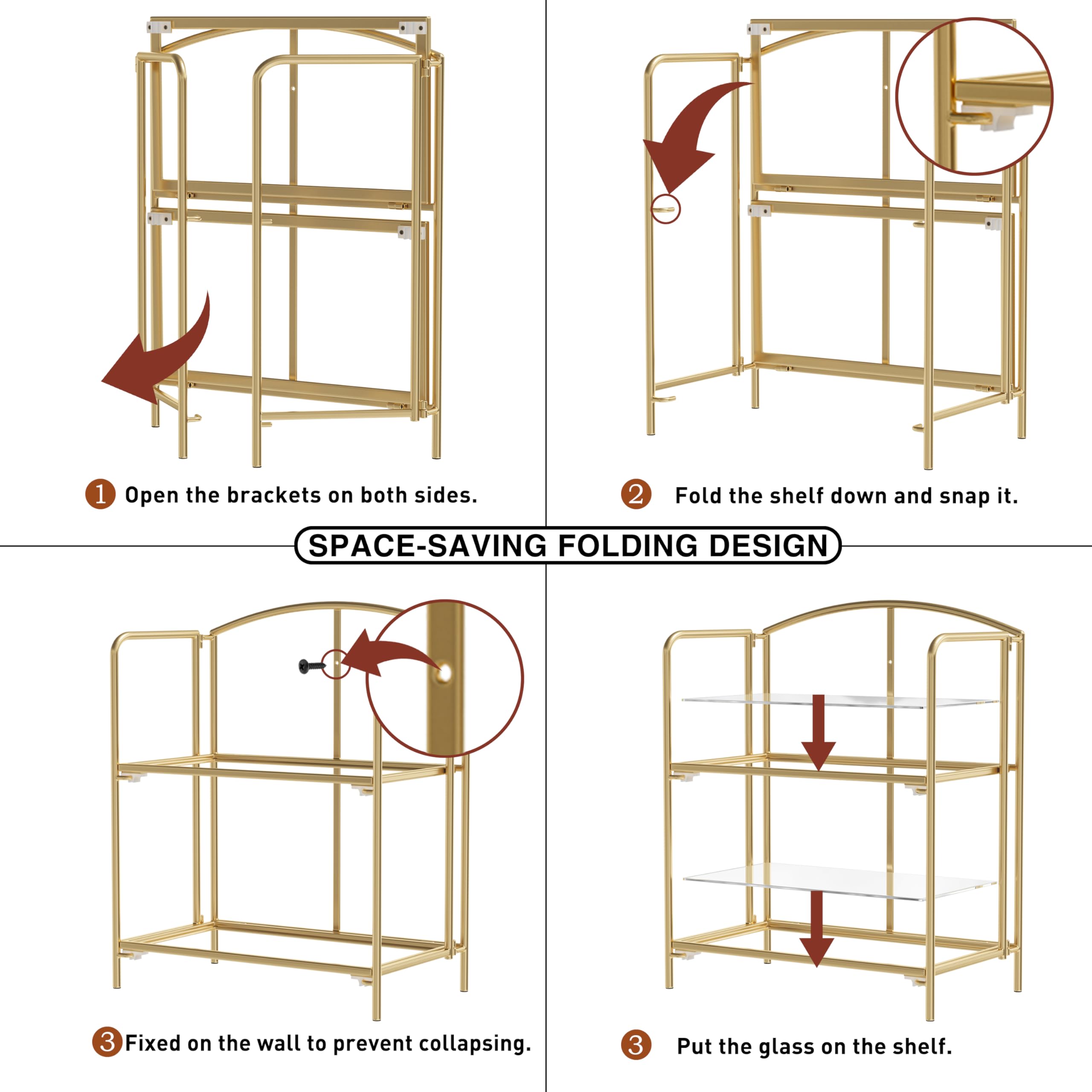 Crofy No Assembly Folding Bookshelf for Living Room, 3 Tier Gold Collapsible Book Shelf for Home Office, Portable Bookcase Storage Organizer: Gold Frame & Transparent Shelf 2 Tier