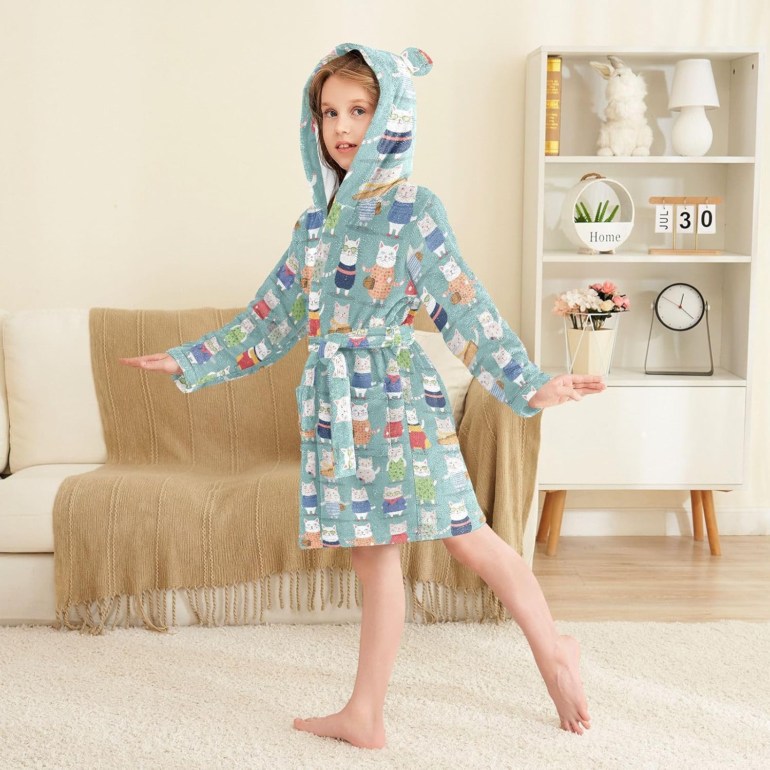 senya Colorful White Cat Toddler Hooded Bathrobe Kids Soft Plush Bath Towel Robes for Boys Girls 2-12 Years