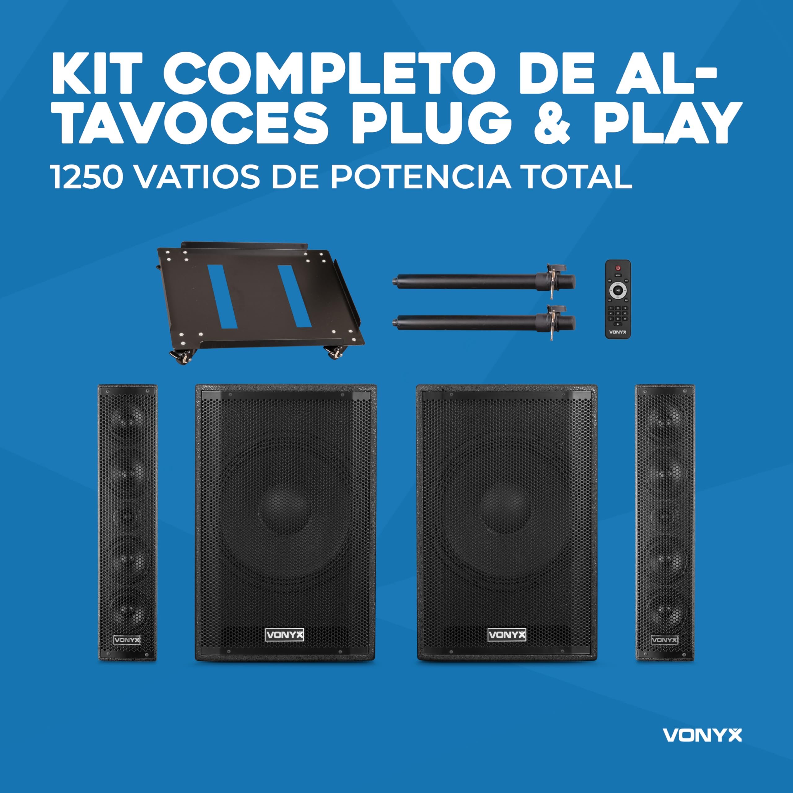 Vonyx VX1080BT – Sistema 2.2 Activo 1250W con Bluetooth 5.3, USB, SD, Doble subwoofer 15”, Micro, Trolley, Funda y Soportes, Equipo de Sonido Profesional para Eventos, Fiestas y DJ, Color Negro