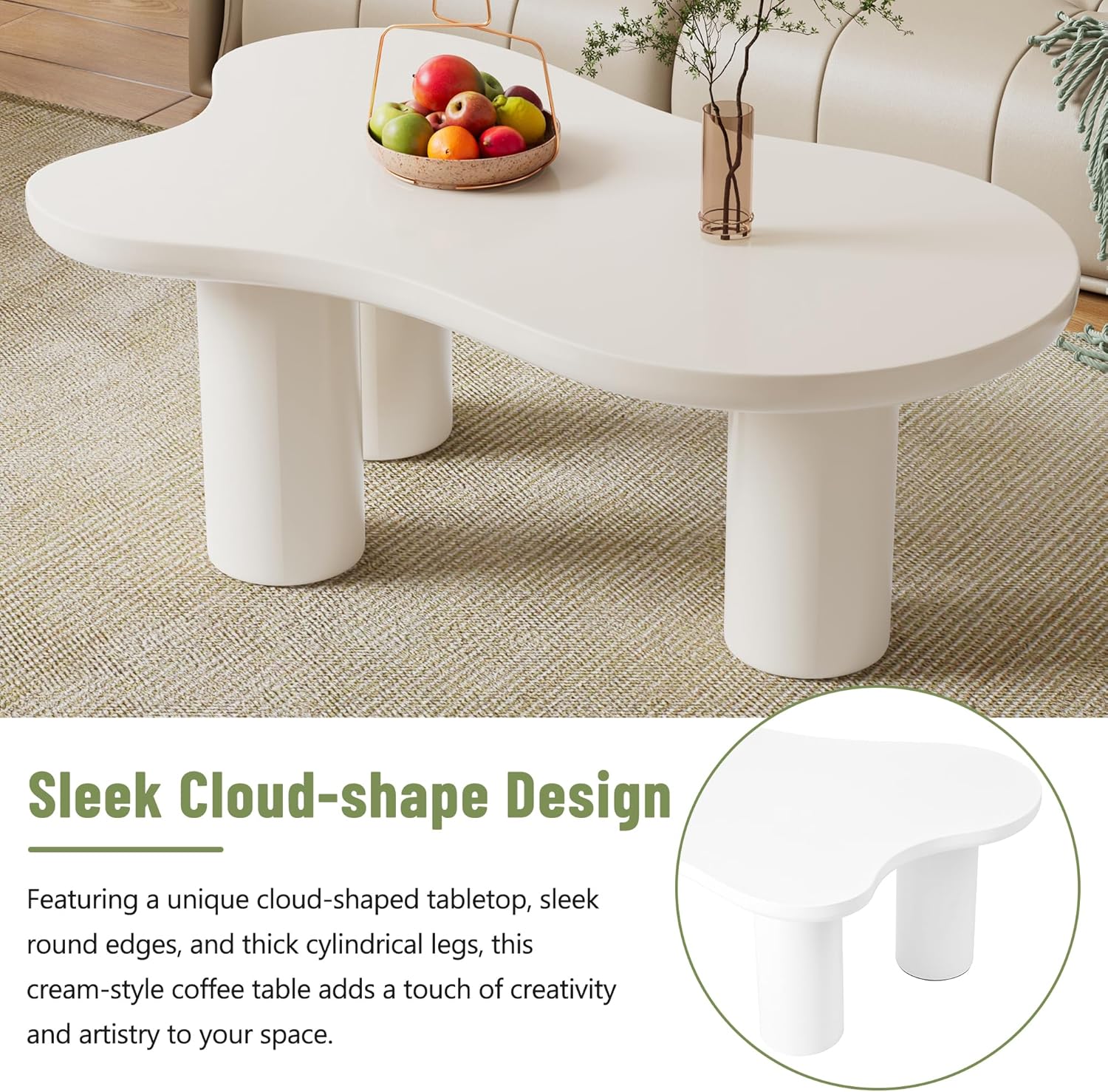 Cloud-Shaped Coffee Table, Cream Style Center Table, White-Cloud, 44''W x 25.9''D x 15.7''H