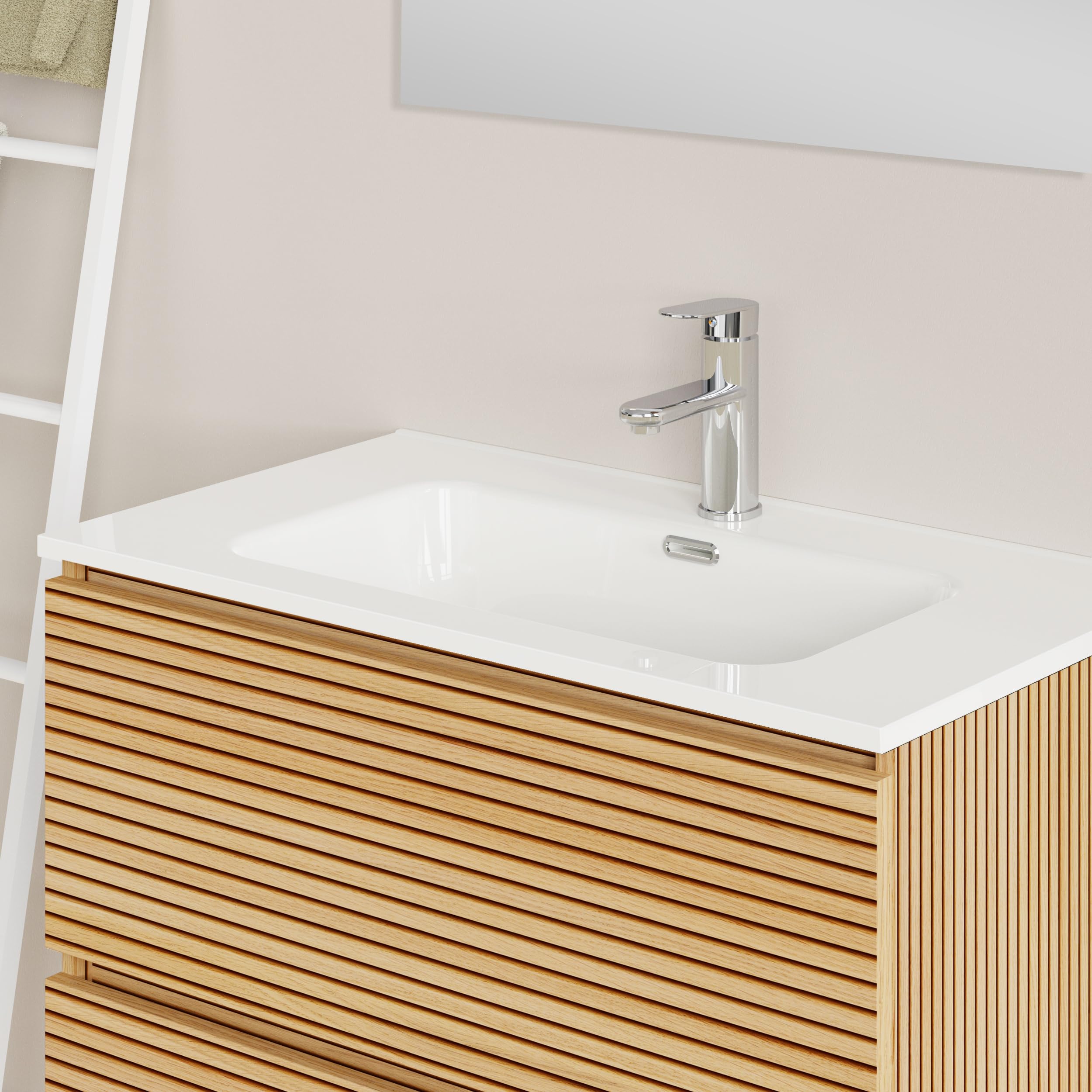 Baikal Mueble de Baño Dash. Conjunto de Baño de 2 Cajones, Suspendido en Pared, Incluye Lavabo Cerámico. Mueble de Fondo de 46cm. Mueble MONTADO. Lavabo Encastrado sin Espejo 80 cm Monocolor