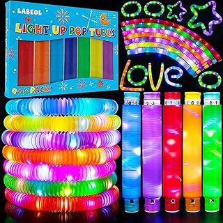 Labeol 15 Pcs Kids Party Favors Glow Sticks Light Up Pop Fidget Tubes Sensory Toys for Kids Glow in The Dark Party Supplie...