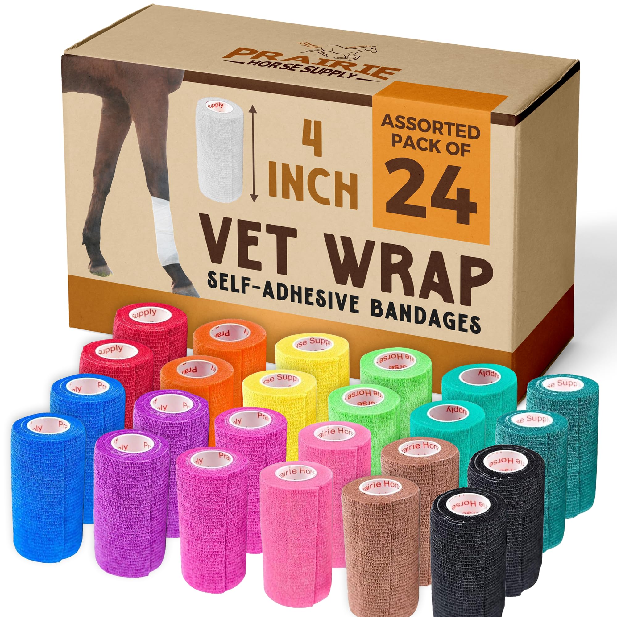 Prairie Horse Supply 24 Rolls Assorted Self Adhesive Bandage Wrap 4 Inch Elastic Cohesive Vet Tape for First Aid, Medical, Sport & Animals Wound