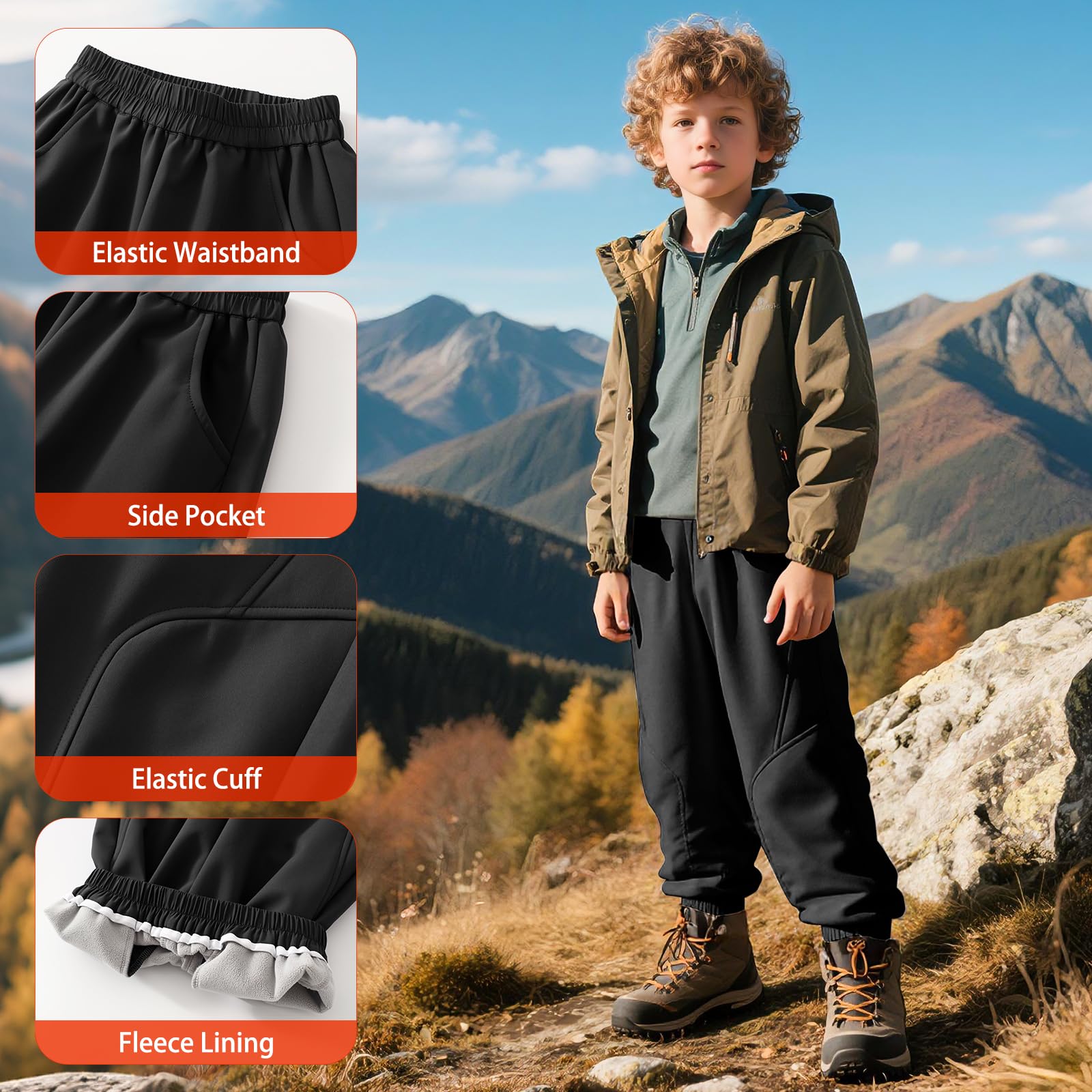 Pantalon Softshell pour Garcon, Thermique Doublé Polaire Coupe-Vent Pantalons de Montagne avec Poche, Enfant Imperméable d'hiver Pantalon Automne Hiver Junior pour 6-14 Ans