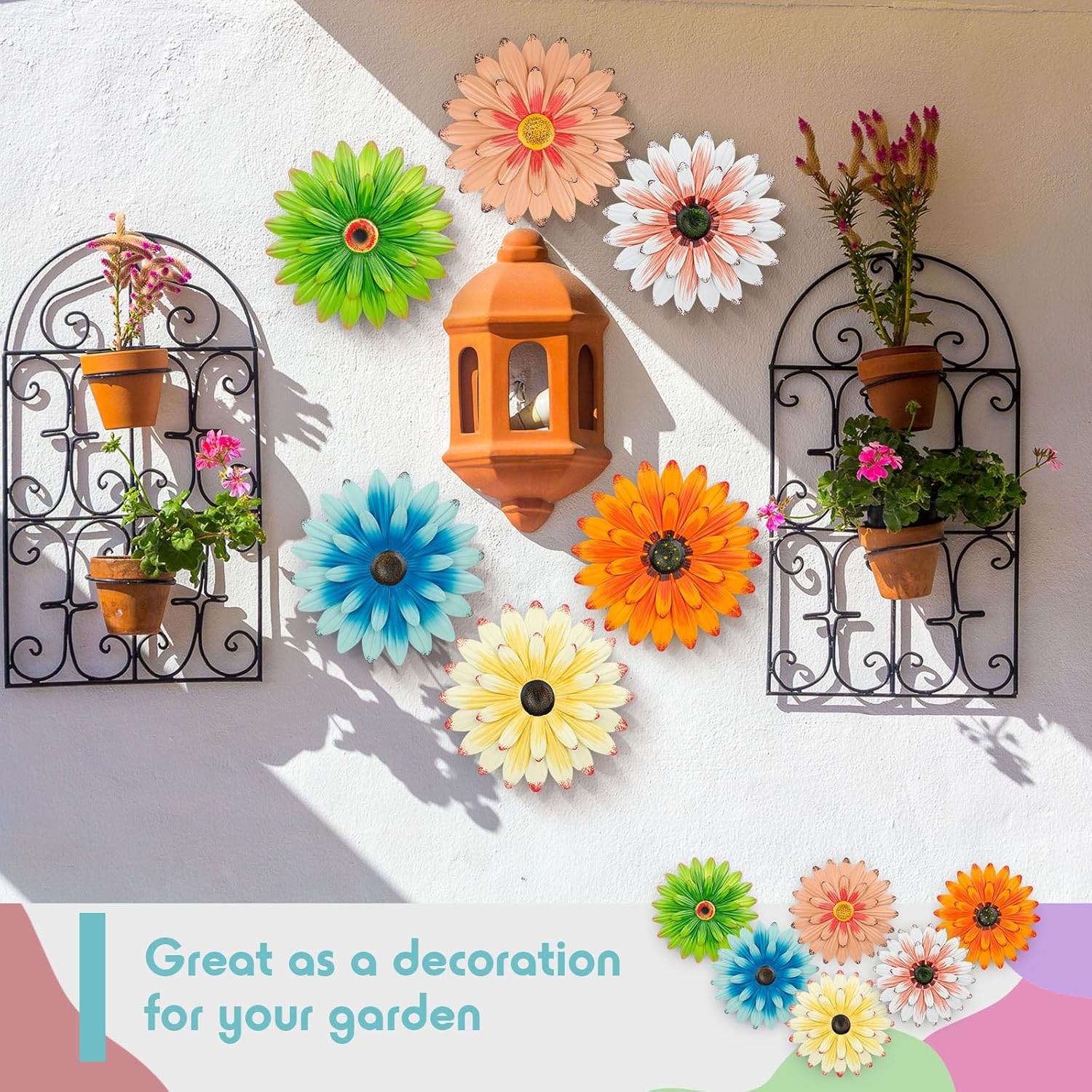 Zhehao 6 Pcs Metal Flower Wall Art Decor 10 Inch Sunflower Wall Decorations Hanging Outdoor Art Multicolored Handmade Metal Flowers Outdoor Decor(Elegant Color)
