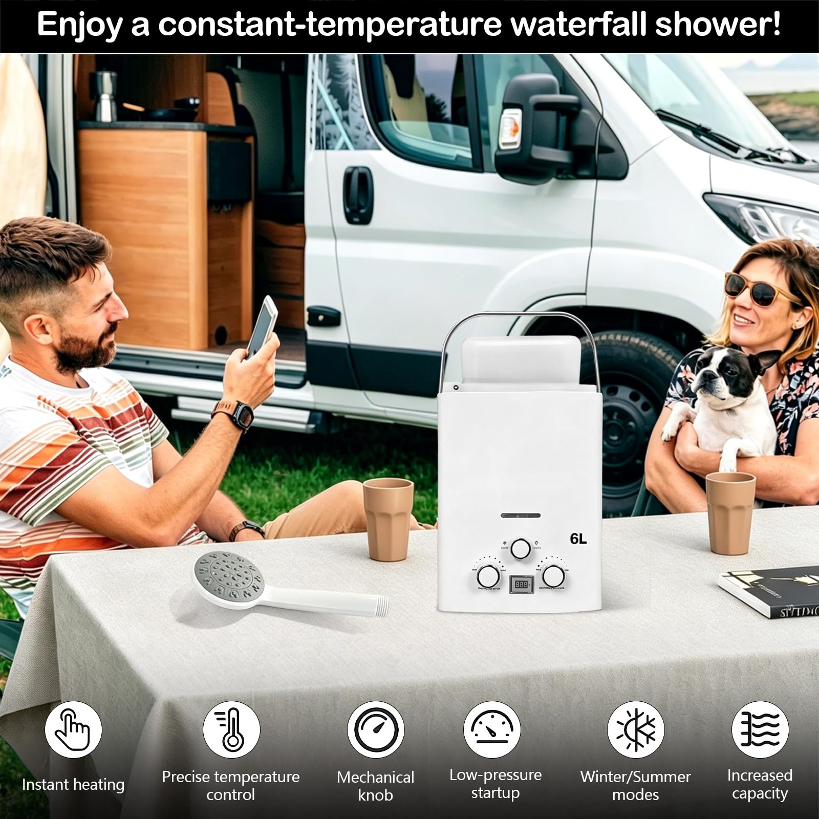 Durchlauferhitzer 6l, 12KW Durchlauferhitzer Gas Tragbarer Wohnmobil Camping Mobiler Warmwassergerät mit Griff und Duschkopf für Außendusche Garten Camping Dusche Caravan 40x30x13cm