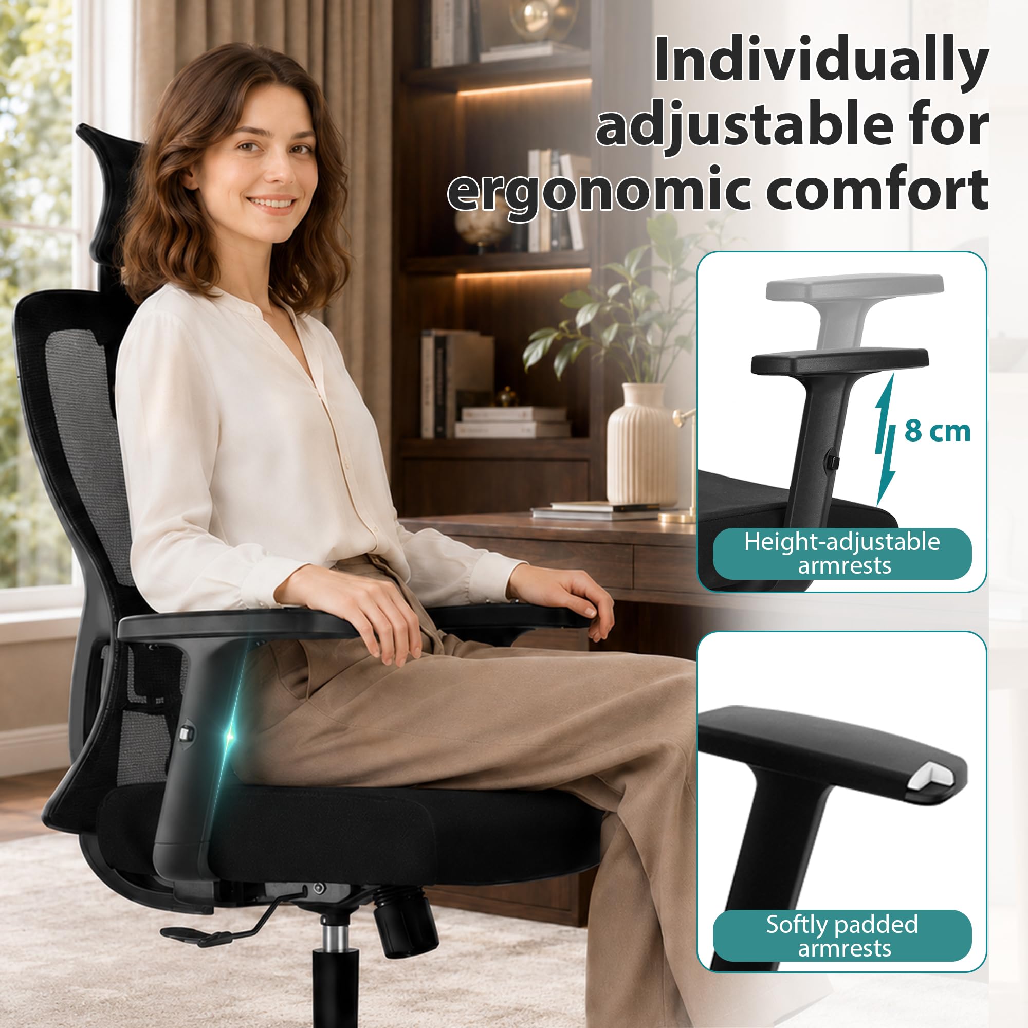 Durrafy Silla de Oficina Ergonómica con Reposacabezas Ajustable, Reposabrazos, Soporte Lumbar, Altura Regulable y Oscilación de 130°, Silla de Escritorio con Capacidad de Carga de 150 kg