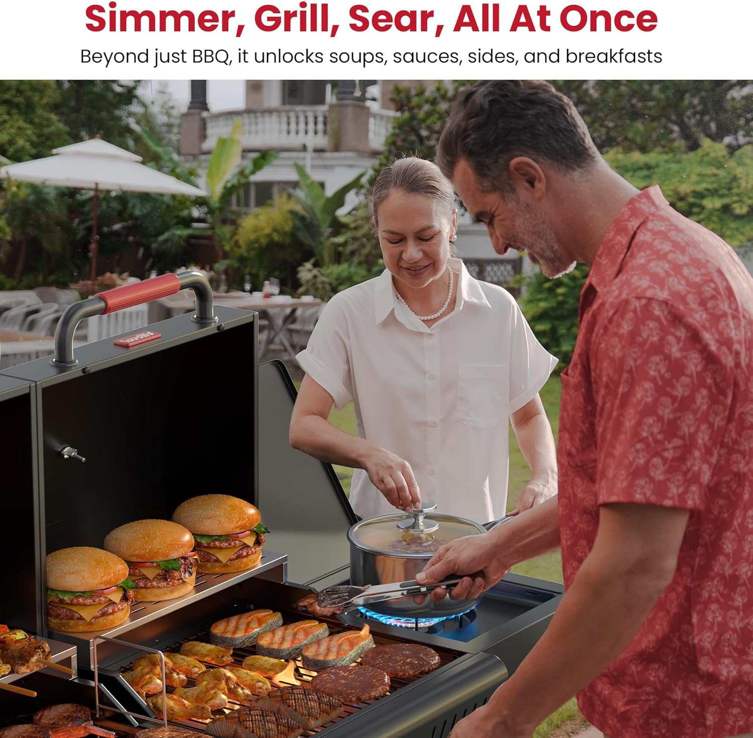 Gas and Charcoal Grill Combo with Side Burner, 3 Burners Propane BBQ Grill, 748 SQ.IN Cooking Space, Non-Stick Enamel Coating Grates, Heavy-Duty Stand for Backyard & Outdoor Barbecue