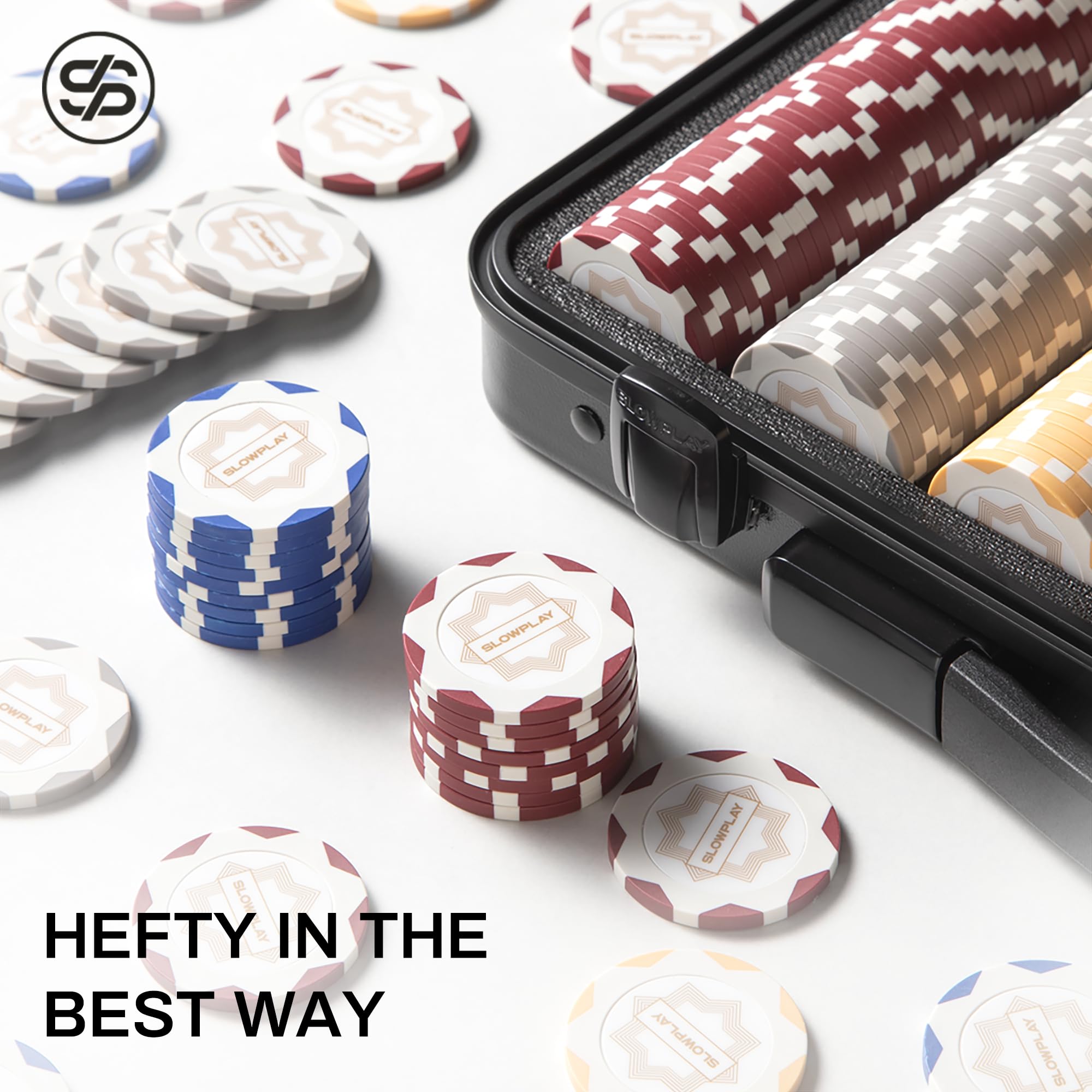 SLOWPLAY Nash Clay Poker Chips, White Gold Edition, 14 grammi di argilla pesante composita, 40 mm grandi fiches in massa, confezione da 50 fiches