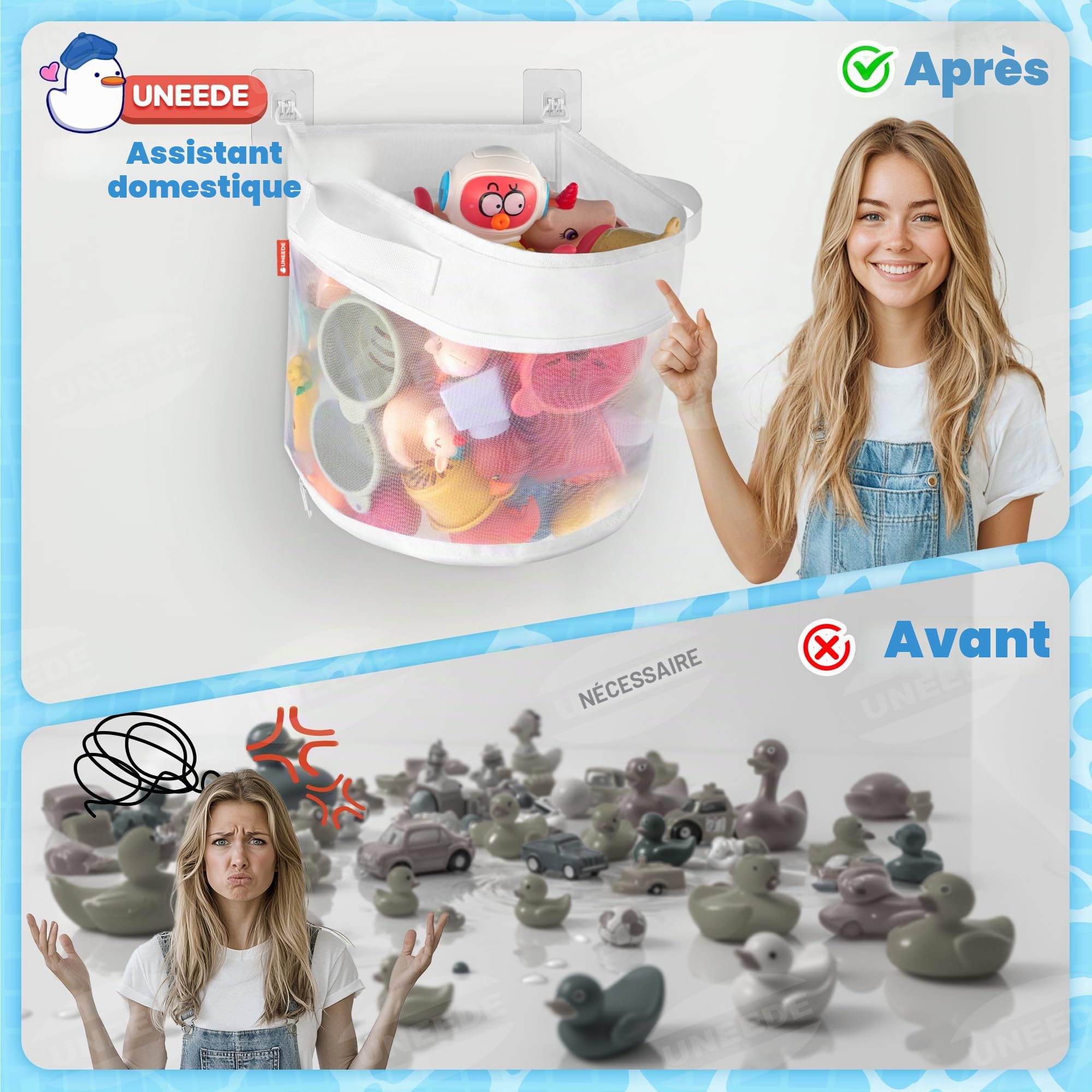 UNEEDE Rangement Jouet Bain, Filet Jouet Bain Bebe, Organiseur de Jouets de Bain avec 4 Crochets Adhésifs, Rangement Jouet Baignoire, Filet Jouet Bain de bébé, Rangement de Jouets de Bain pour bébé