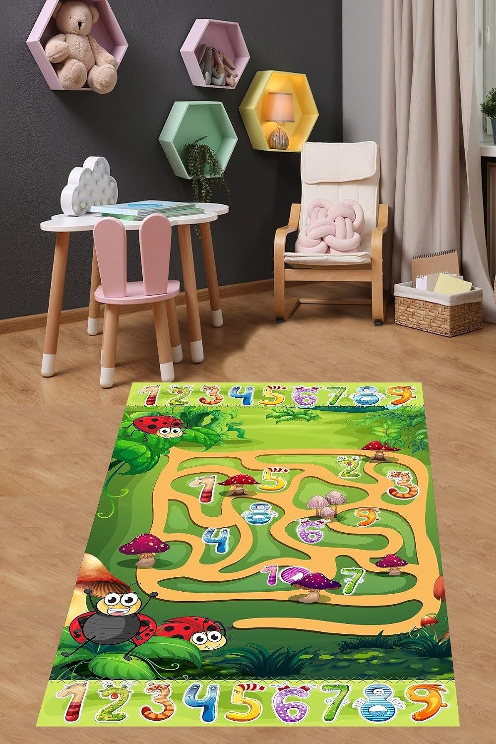 Pelangi Eğitici Sayılar Yıkanabilir Kaymaz Taban Leke Tutmaz Çocuk Odası Halısı, Yeşil-Mor-Kırmızı-Gri 180 x 280, 9038680022180280