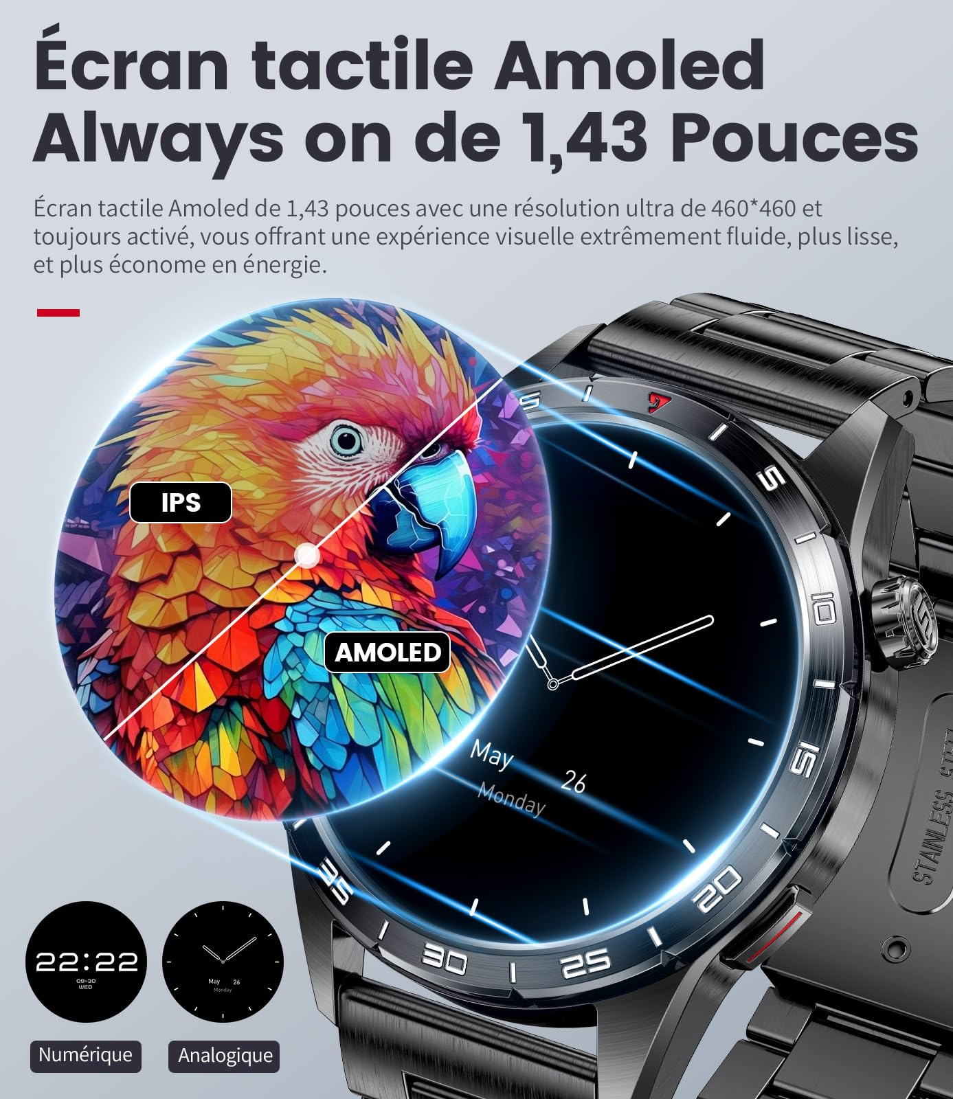 Orologio da uomo con chiamate Bluetooth, 1.43'' HD Amoled schermo Smartwatch con frequenza cardiaca/sonno, IP68 impermeabile orologio fitness con 120 modalità sportive, 3 braccialetto(metallo/pelle