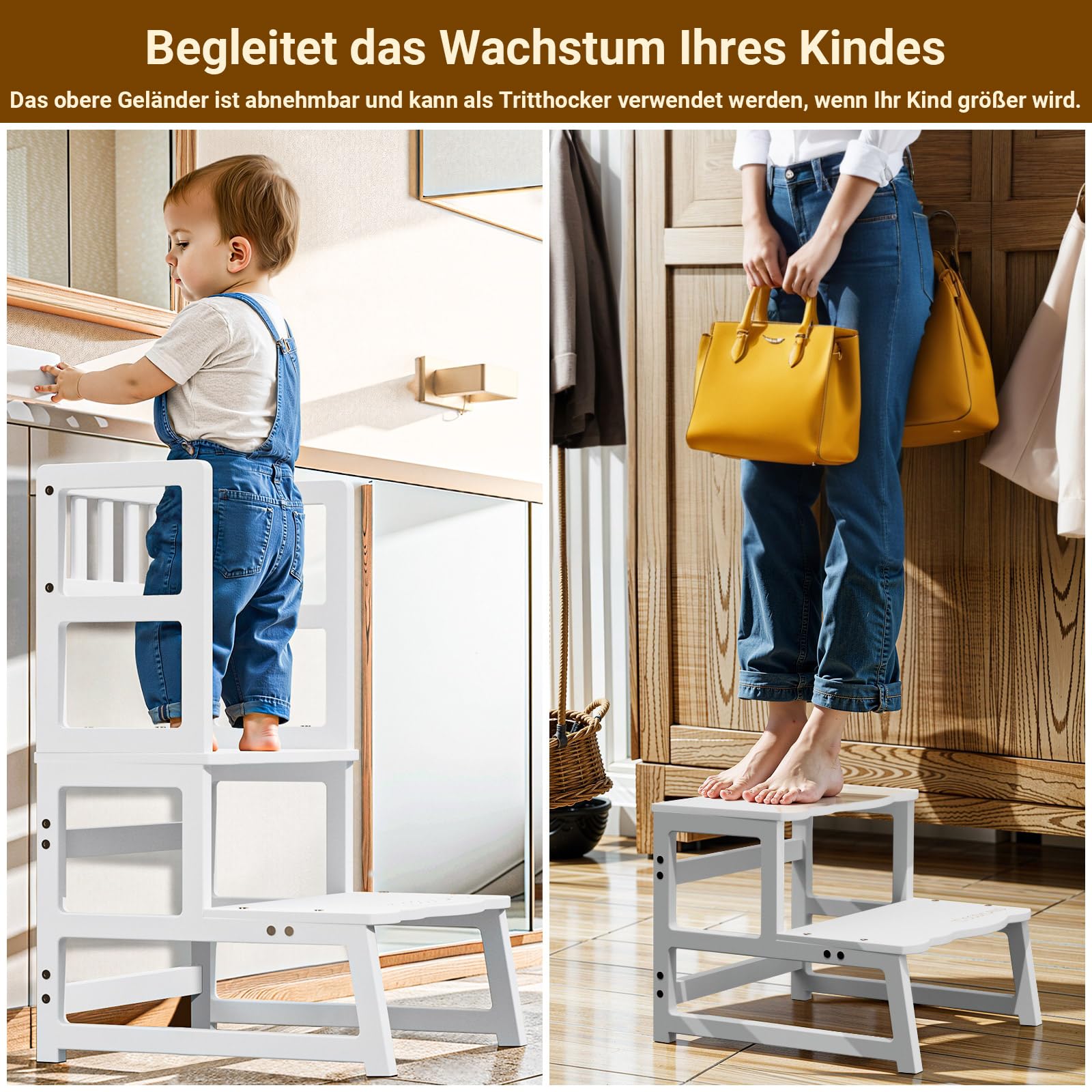COSYLAND Lernturm ab 1 Jahr & 2 Jahre – Montessori Lernturm für Kinder – Sicherer Learning Tower & Toddler Tower mit Griffen, Anti-Rutsch & Kippschutz – Lernstuhl Kinder ab 1 Jahr, Weiß