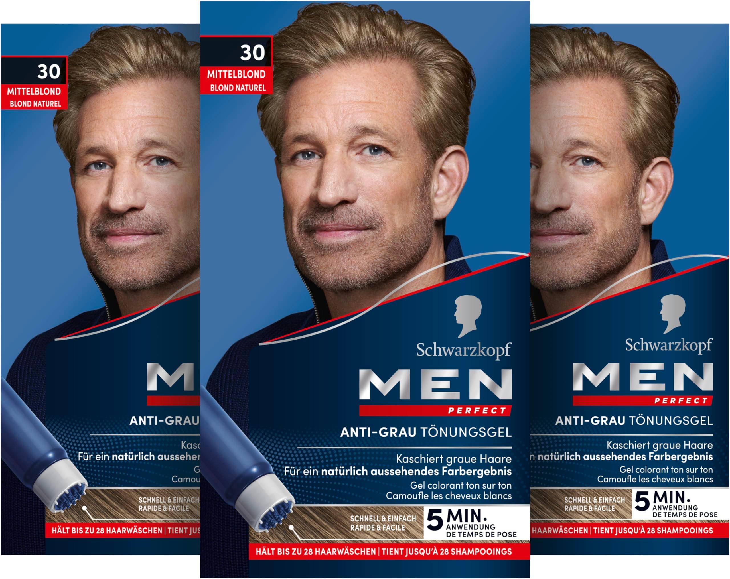 Schwarzkopf Men Perfect Anti-Grey Tint Gel 30 Medium Blonde (80 ml), Hair Colour for Men Hides Grey Hair, Anti-Grey Tint for a Natural Looking Result
