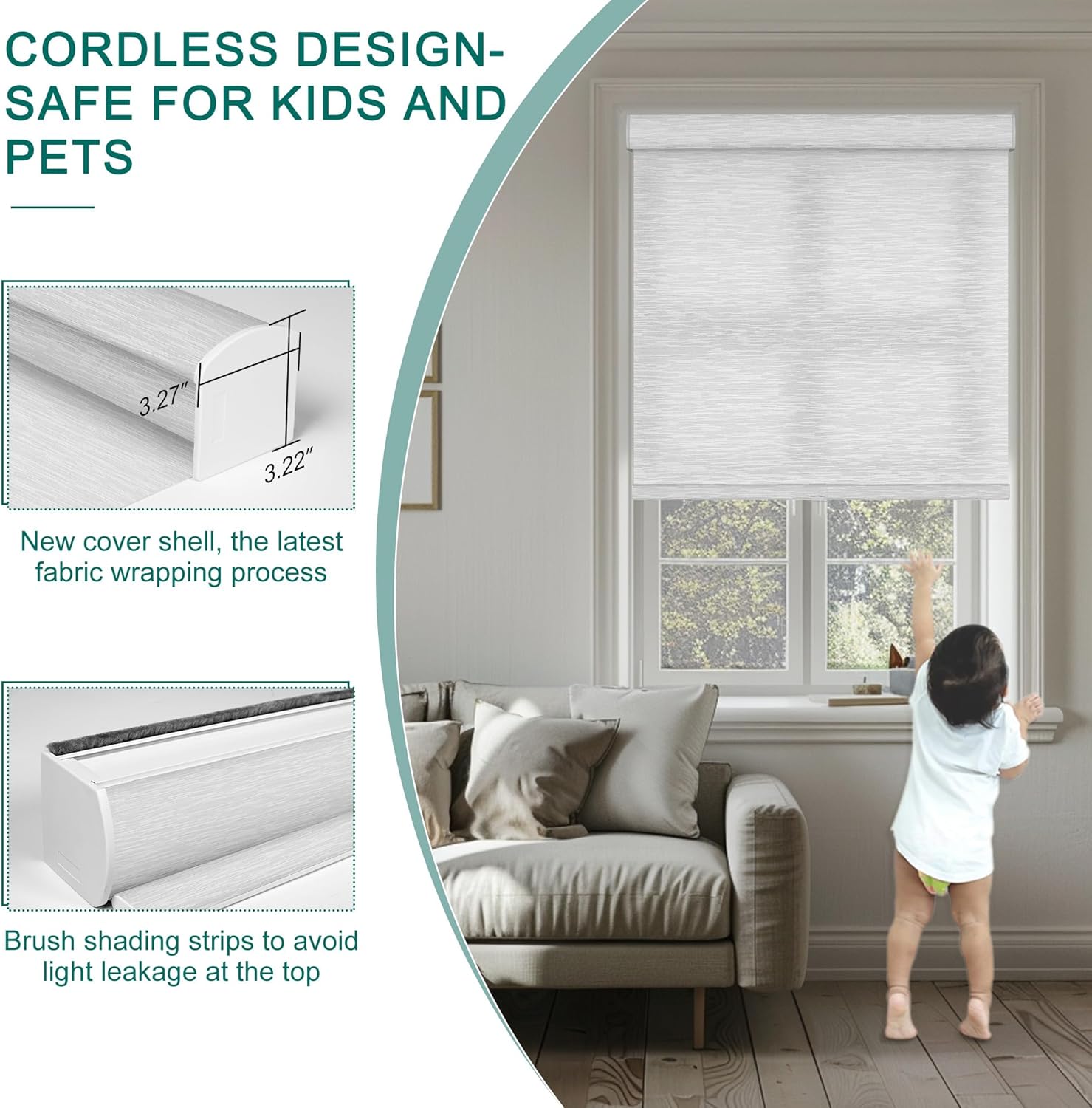 Light Filtering Roller Blinds & Shades Cordless Blinds for Windows with Jacquard Fabric, UV Protection Thermal Insulated Door Blinds, Easy to Install Window Blinds,(White,34" W x 64" H)