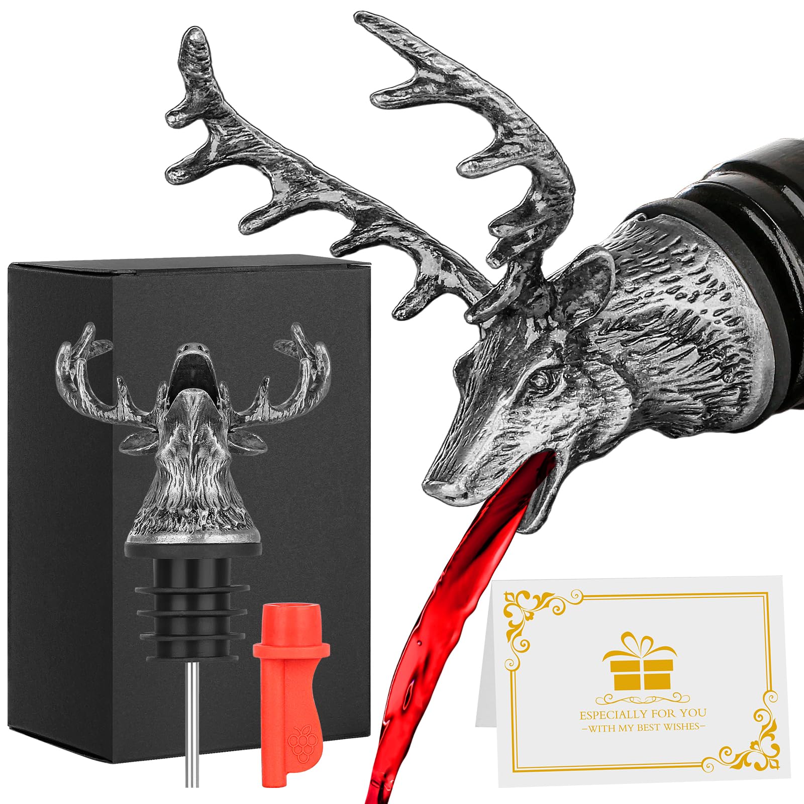 LULLEA Deer Head Liquor Pourers Spout, Deer Wine Bottle Pourer and Stopper for Wine Spirits, Stag Gifts Christmas Gifts Birthday Gifts Hunting Gifts for Hunters Men Women, Silver