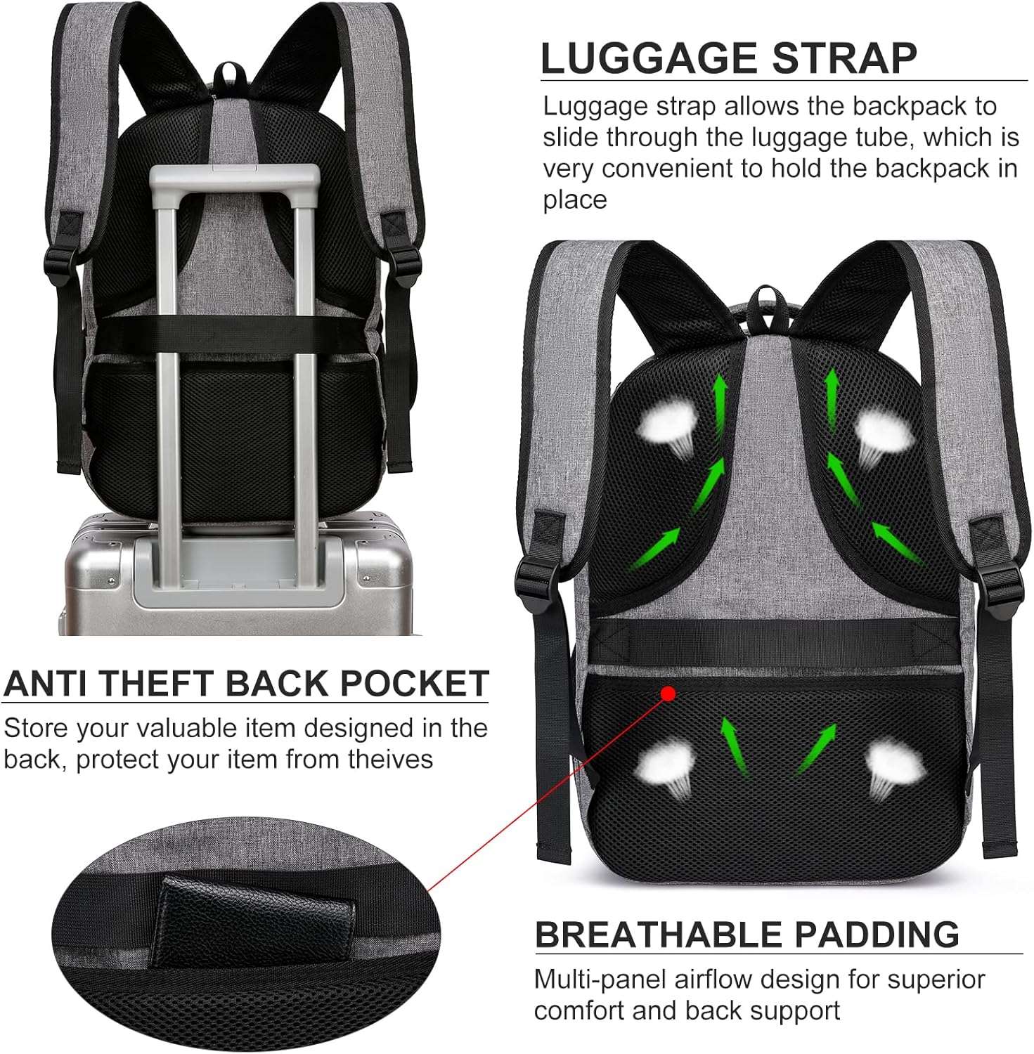 School Backpack, Large Backpack for Teen Boys, Business Slim Laptop Backpack with USB Charging Port, 15.6 Inch Water Resistant High School Bookbag, College Computer Bag for Men Women, Grey - Image 6