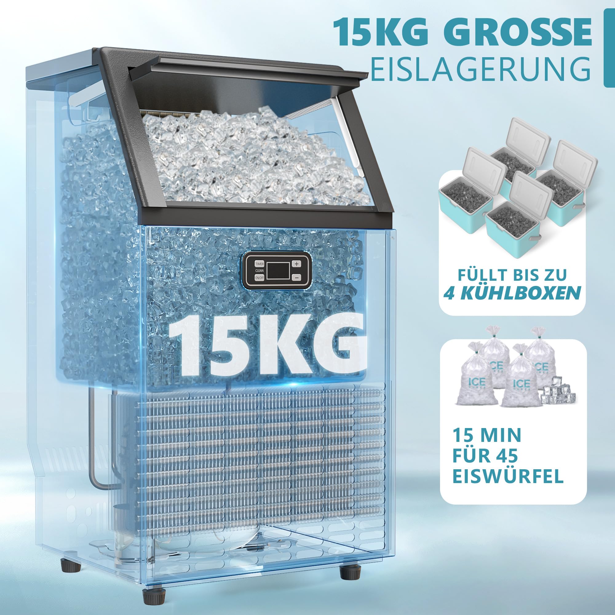 EUHOMY Gewerbliche Eiswürfelmaschine, 45 kg/24 Std. Edelstahl Untertisch-Eismaschine mit 15 kg Eislagerkapazität, freistehende Eismaschine mit Timer, ideal für Bars, Getränkeläden und große Feiern