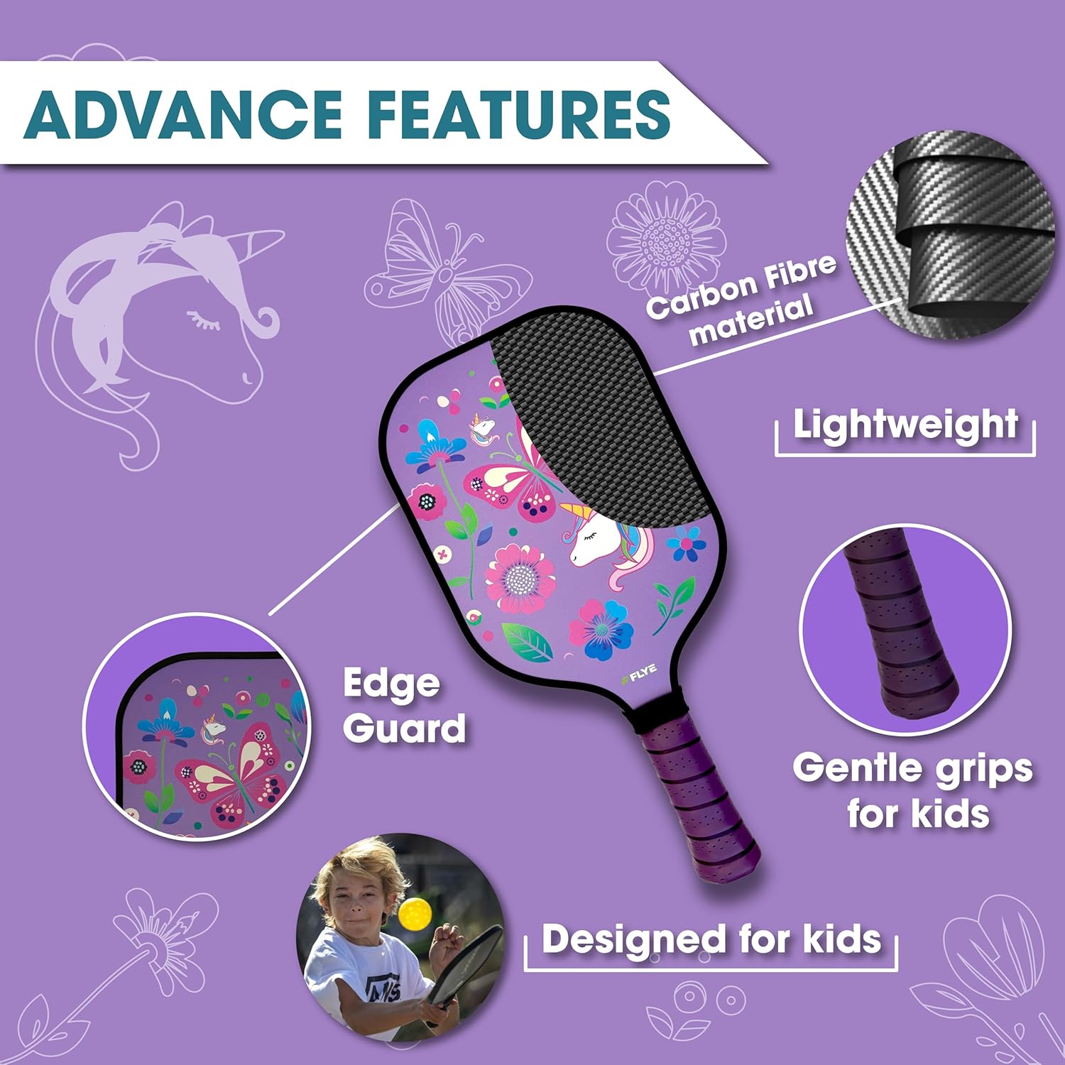 FLYE Kids Carbon Fiber Pickleball Paddle Set With Bag and Ball - Mini Training Paddle for Youth - Dinosaur, Flower, and Sharks Designs