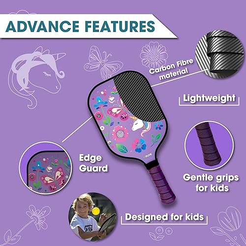 Miniatura 3 de FLYE Juego de paletas de pickleball de fibra de carbono para niños con bolsa y pelota, mini paleta de entrenamiento para jóvenes, diseños de