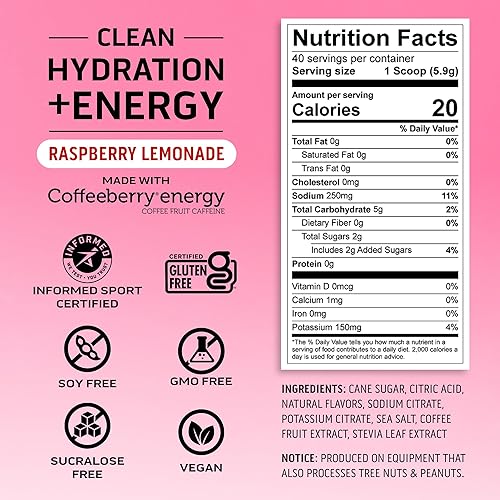 Miniatura 3 de Ascent Clean Hydration + Energy Electrolytes Powder - 100 mg de cafeína, 400 mg de electrolitos, sin ingredientes artificiales, limonada de