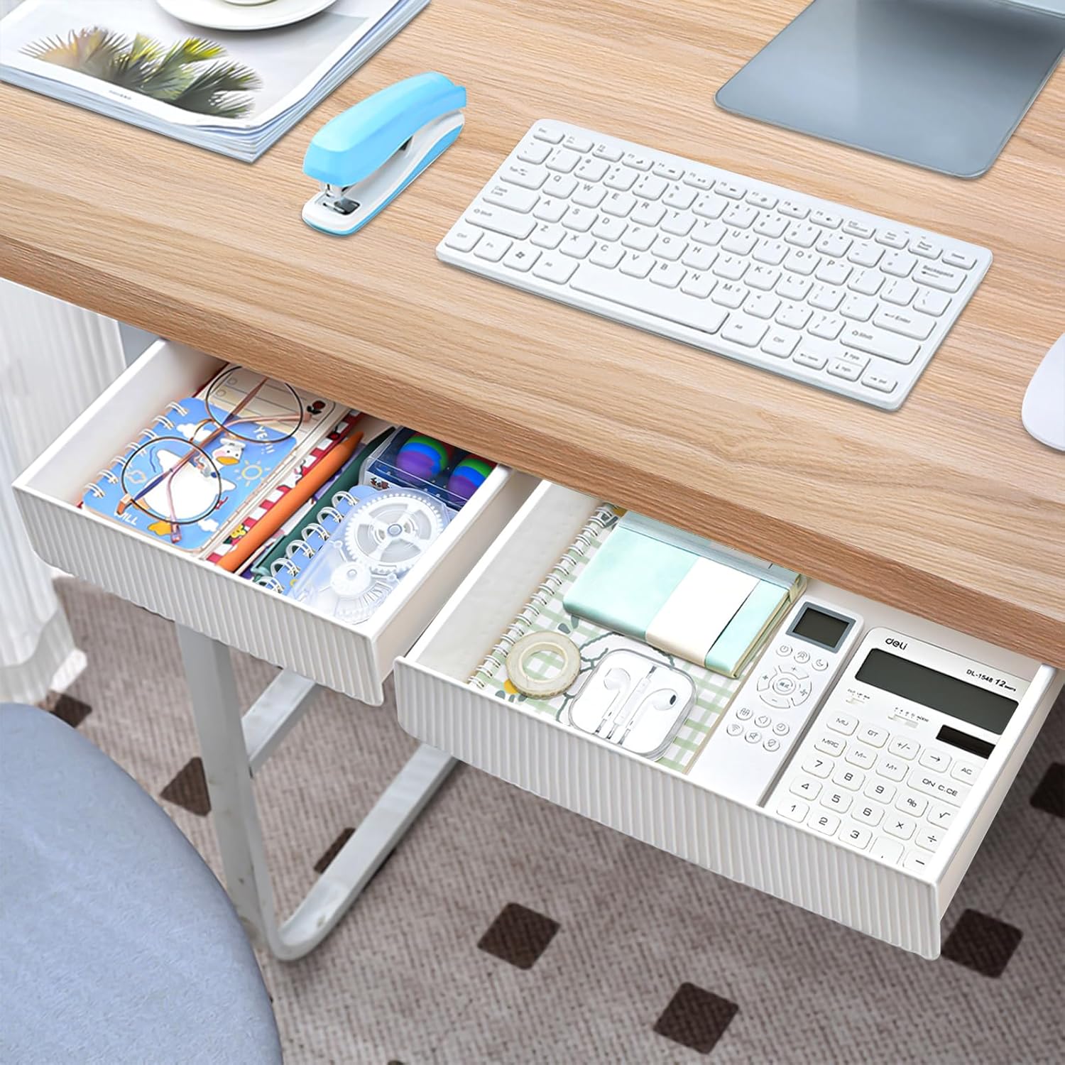 MUOIVG Drawer Under Desk, Desk Organiser, 2 Pieces Drawer Organiser Storage Box, SelfAdhesive