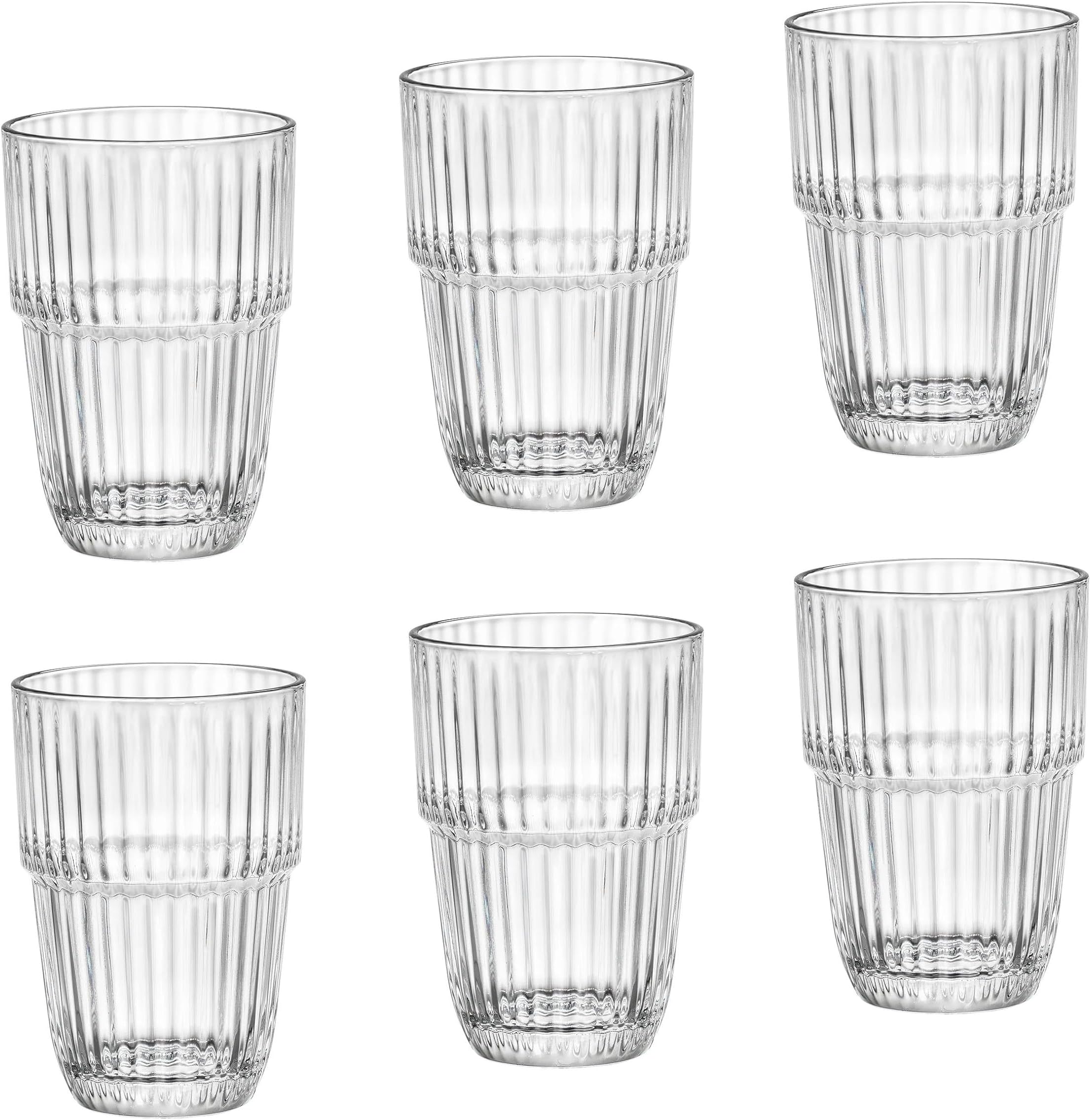 Bormioli Rocco Barshine 12.8 oz. Stackable Long Drink Drinking Glasses, Clear, Set of 6