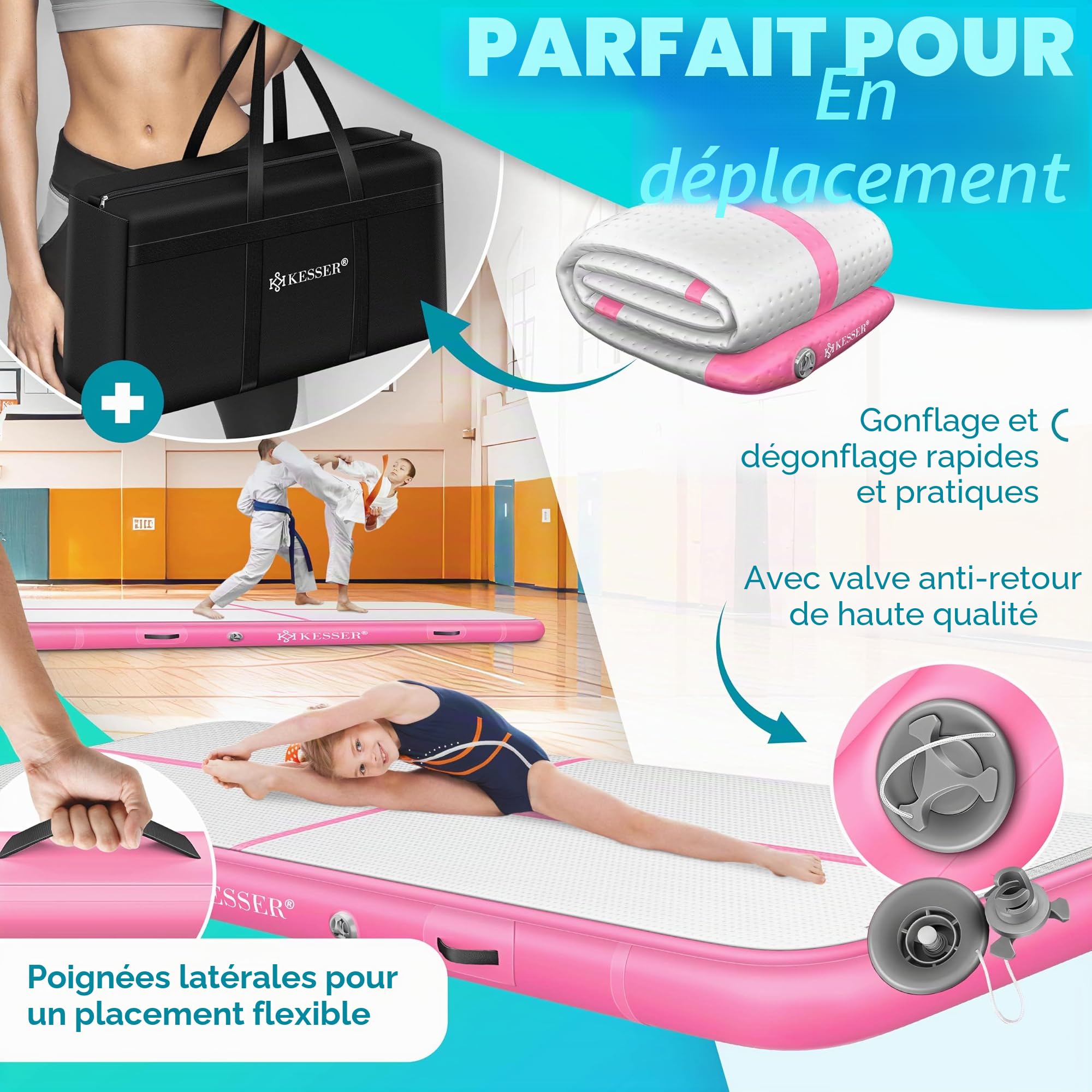 KESSER® Tapis de Gymnastique | Tapis de Fitness Gonflable Airtrack | Tapis de Gymnastique 3/4/5/6 m | Sac de Transport et Batterie électrique