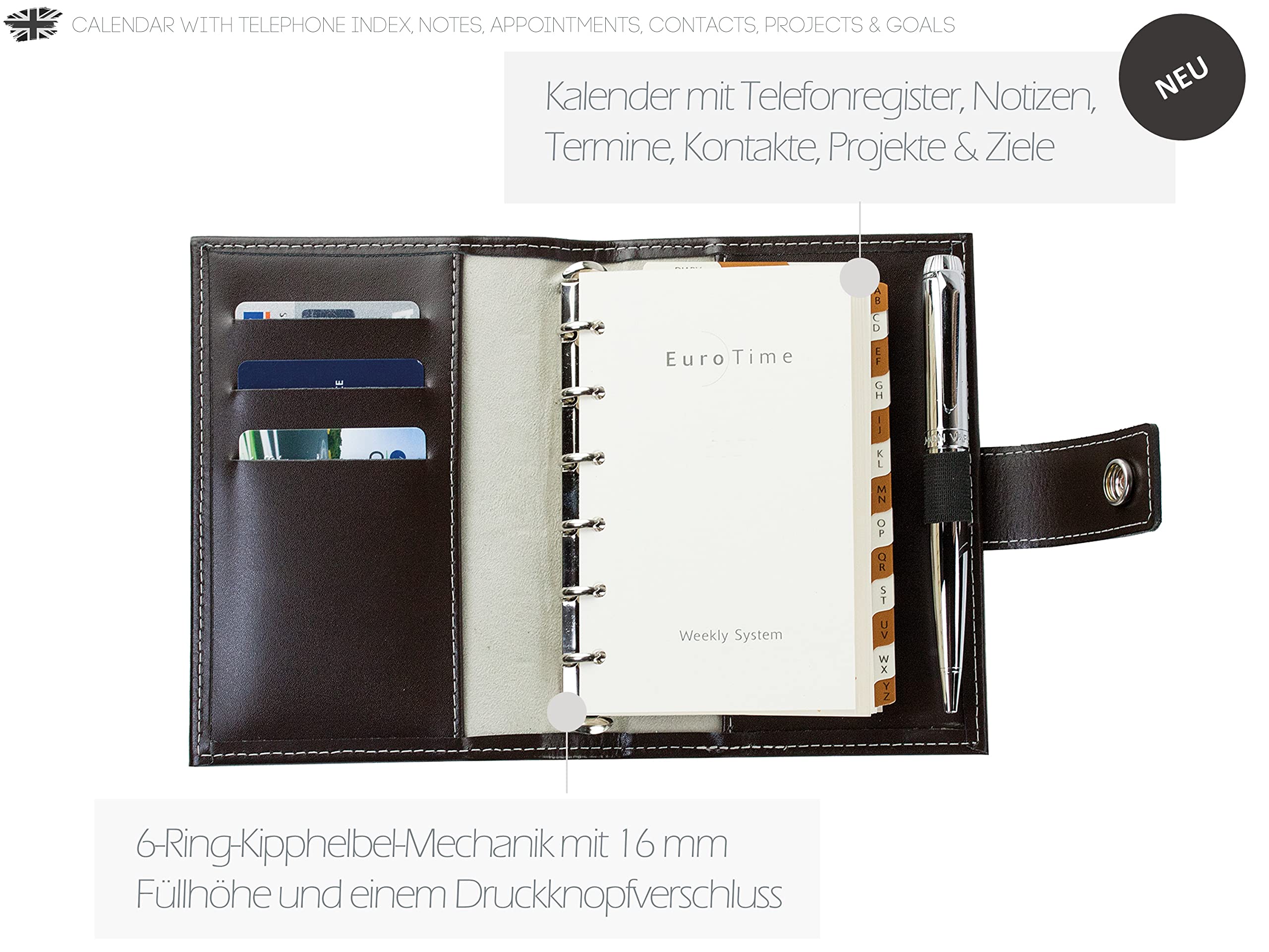 DELMON VARONE - Mini Pocket A6 Kalender 2026 Cambridge Top Grain Leder braun - Terminkalender Ringbuch & A-Z Telefonregister - Organizer Terminplaner mit Wochenansicht (1 Woche auf 2 Seiten)