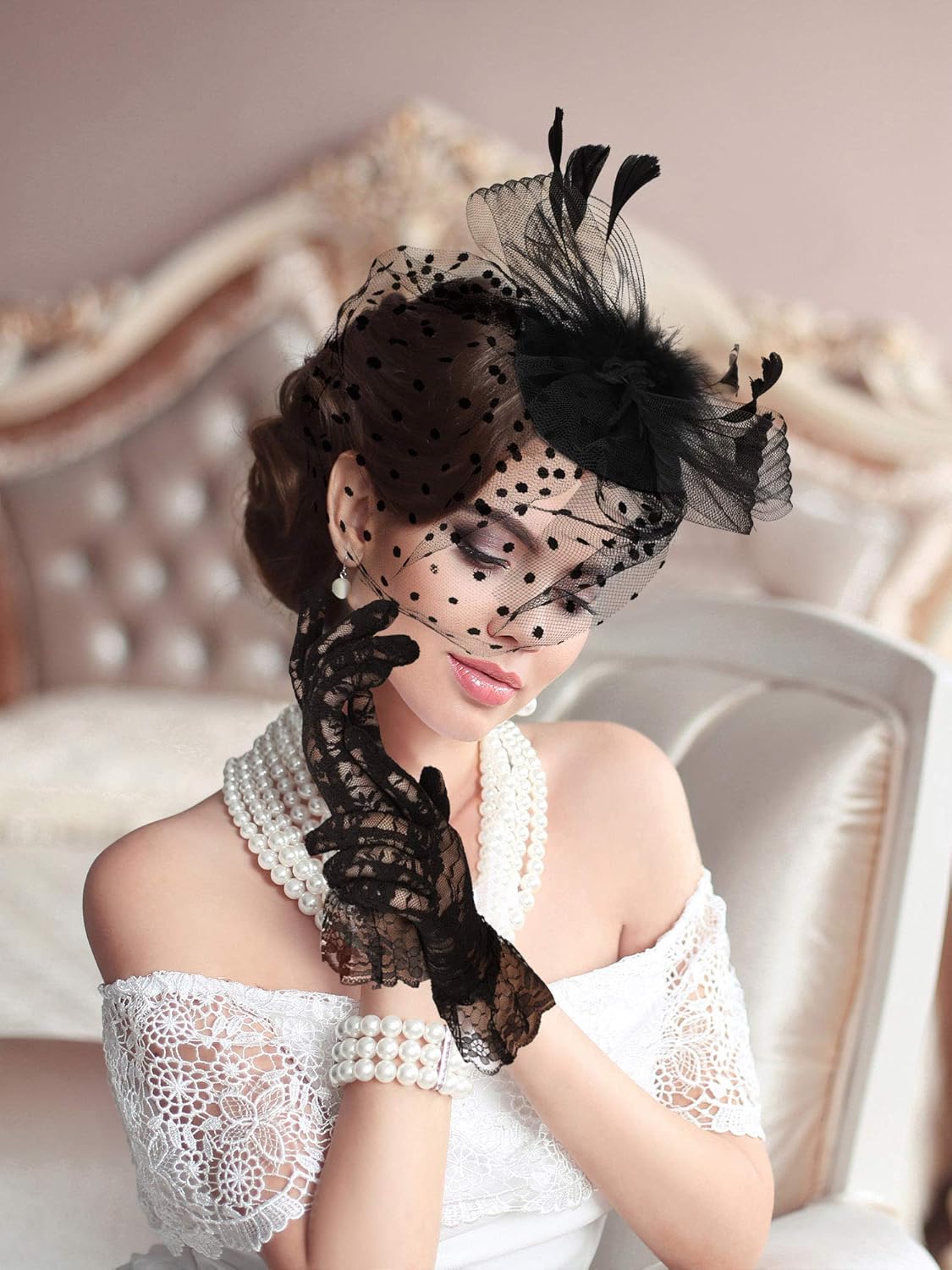 SATINIOR 50s Fascinators for Women Funeral Veil Tea Party Hat and Gloves Pillbox Cocktail Hat - Image 6