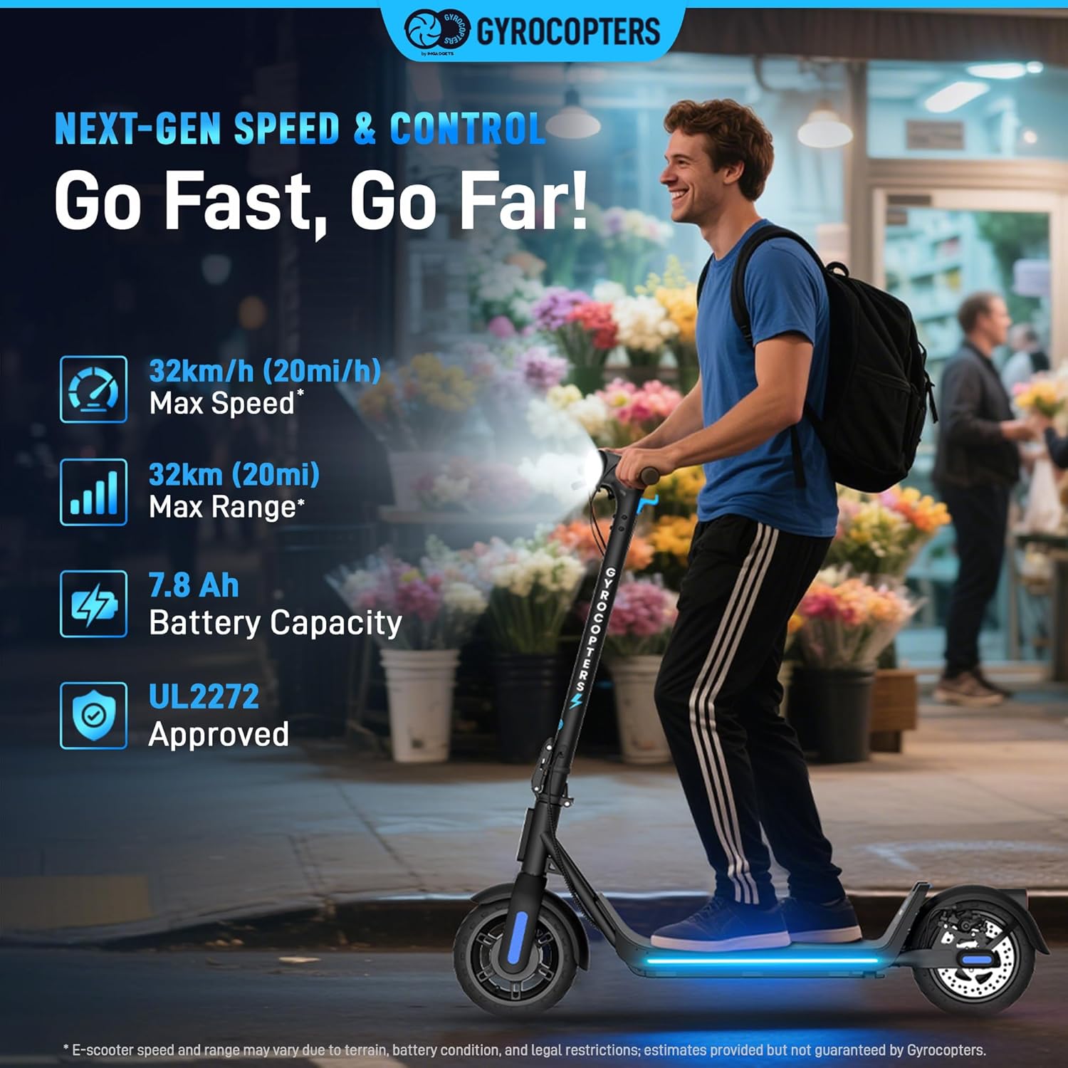Man riding Gyrocopters FlashX scooter, highlighting max speed of 32km/h, max range of 32km, 7.8Ah battery capacity, and UL2272 approval.