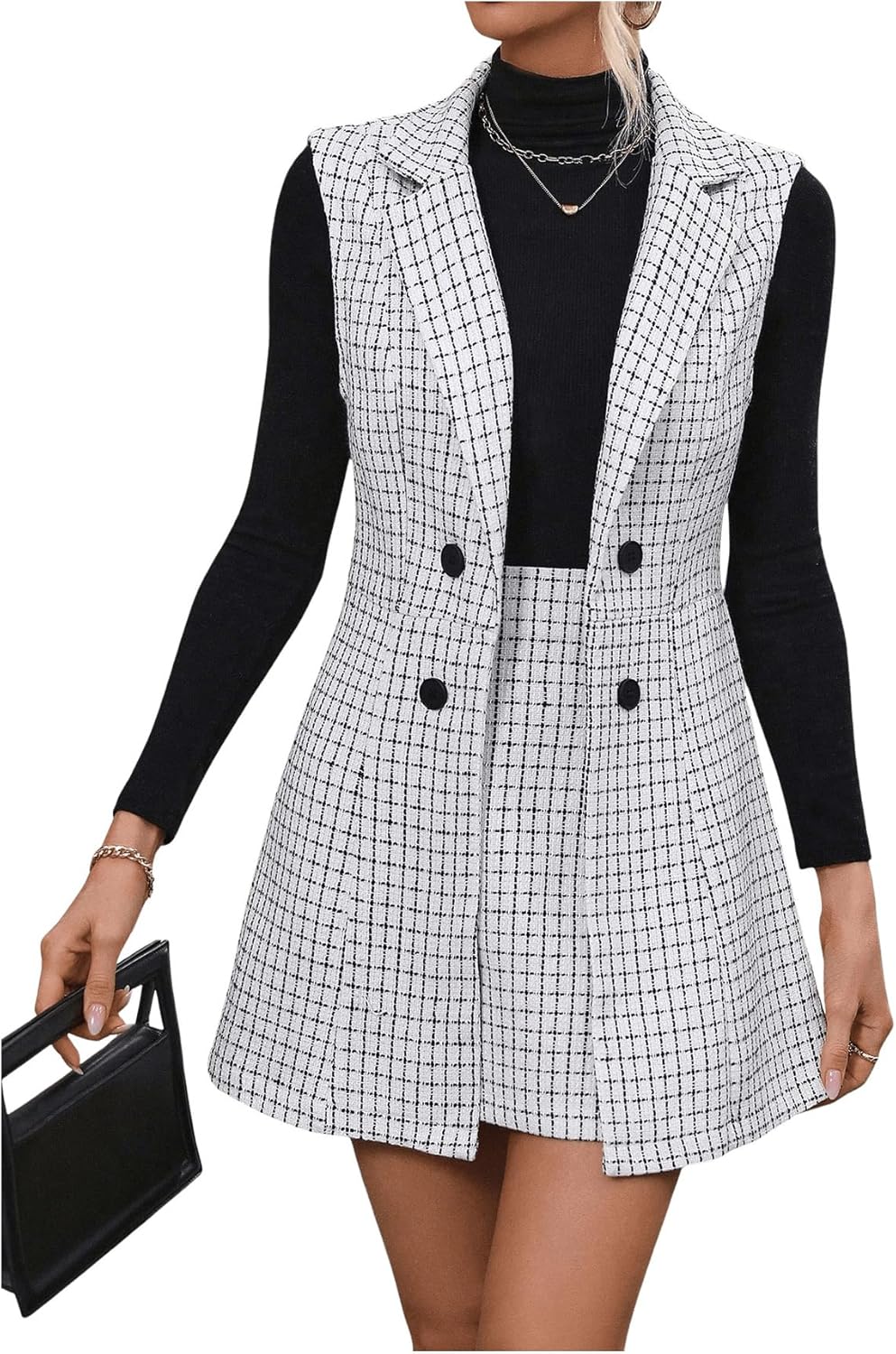 Floerns Women's 2 Piece Outfit Workwear Plaid Print Lapel Neck Vest Blazer and Skirt Set - Image 5