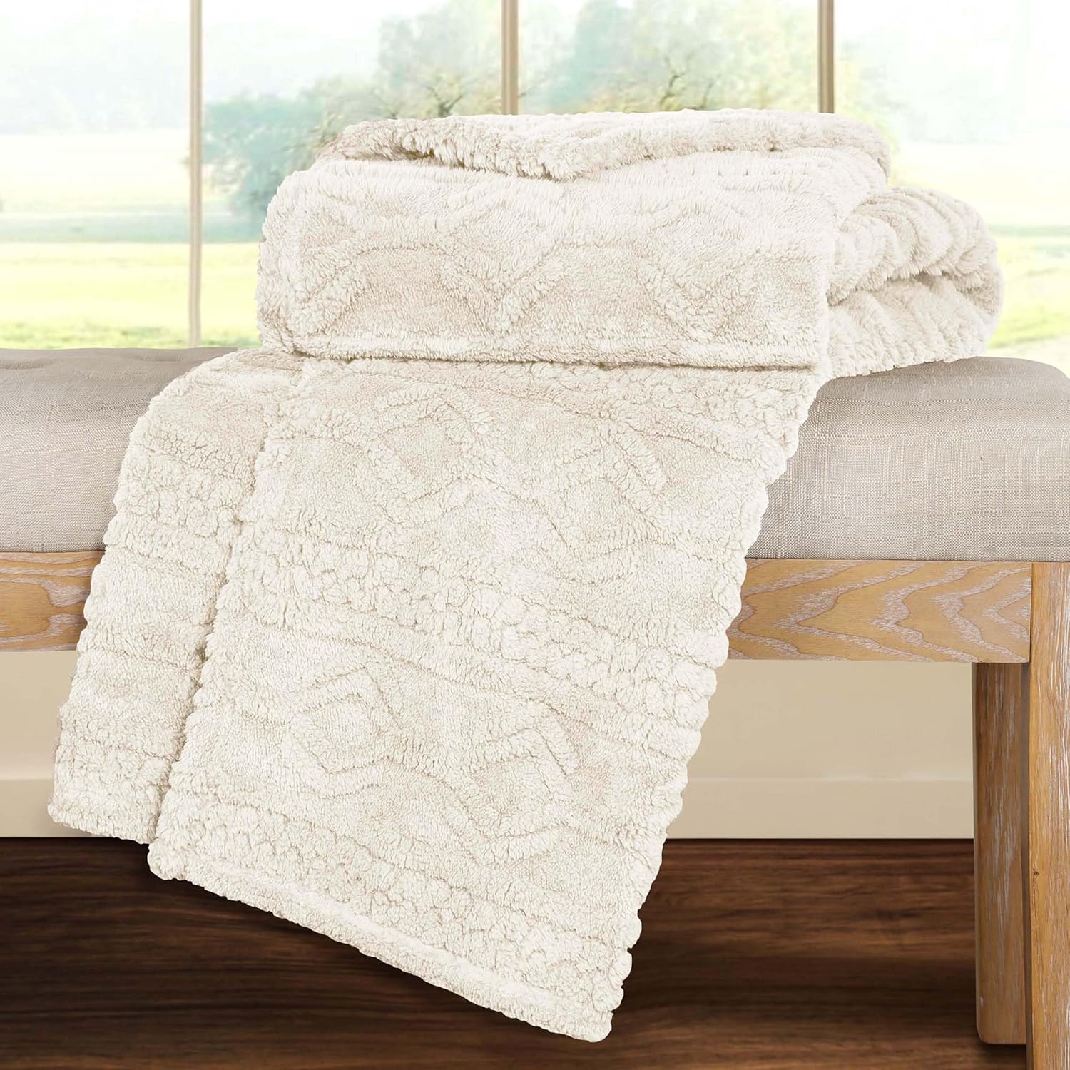 Superior Fleece Boho Jacquard Blanket, Decorative Blankets for Bedroom, Sofa, Fuzzy, Plush, Fluffy, Soft, Cute Room Decor, Beautiful Cover, Comfort Essentials, Arctic Collection, Throw XL, Ivory
