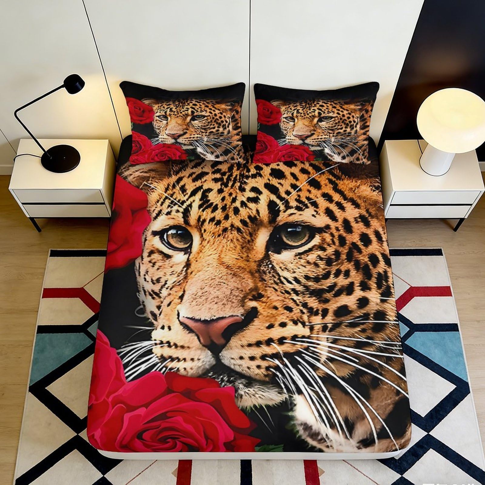Kzqnxhjprl Style-3 3D Printed Leopard Rose Fitted Sheet Microfiber Soft Anti-Slip Bed Cover For Bedroom Guest Room Decor Machine Washable 90X200x25cm