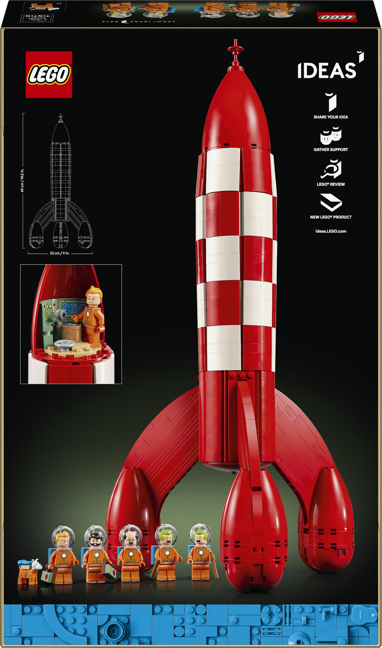 LEGO Ideas La Fusée de Tintin - Maquette de Navette Spatiale pour Adulte - Décoration de Bureau DIY avec 5 Minifigurines & Figurine de Milou Le Chien - Idée Cadeau pour Fans de Bande Dessinée 21367