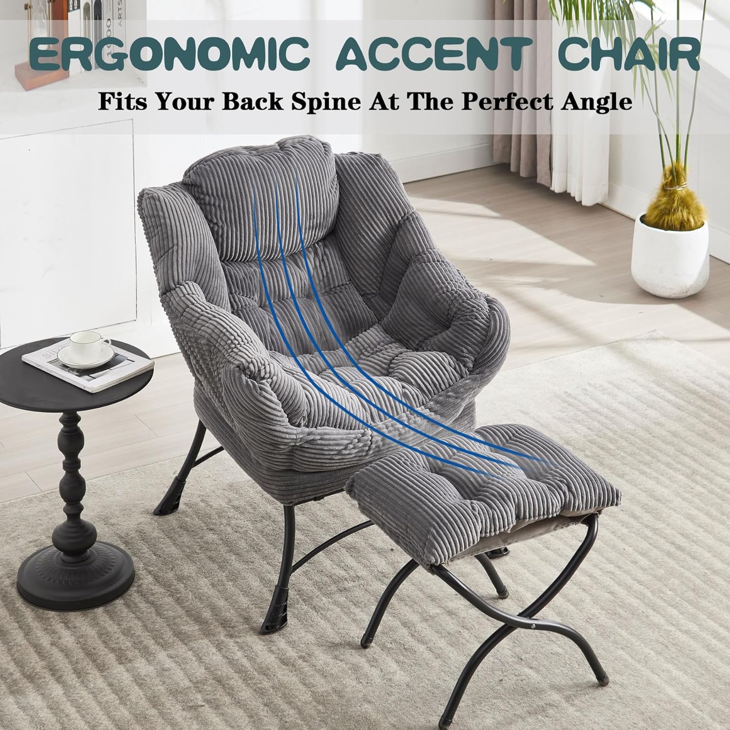Lazy Chair with Ottoman & Storage Pocket, Reading Chair for Bedroom Living Room Small Space, Comfy Lounge Chairs, Steel Frame, Oversized, Ergonomic, Corduroy (Grey)