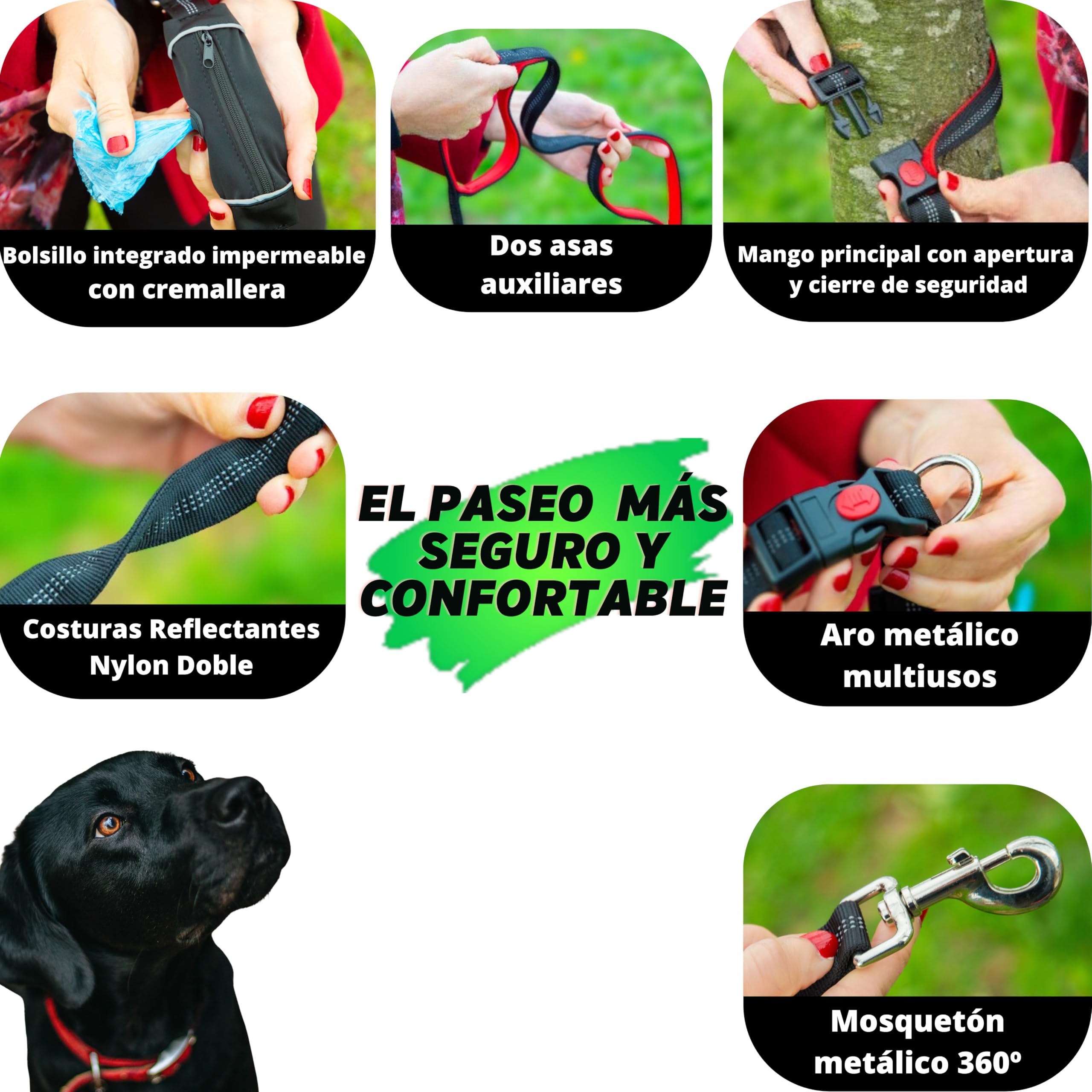 Correa para Perros Grandes y Fuertes 1,5 m | 3 Asas Acolchadas de Control | Mosquetón con Bloqueo + Giro 360º | Reflectante + Bolsillo Impermeable con Dispensador | Rojo
