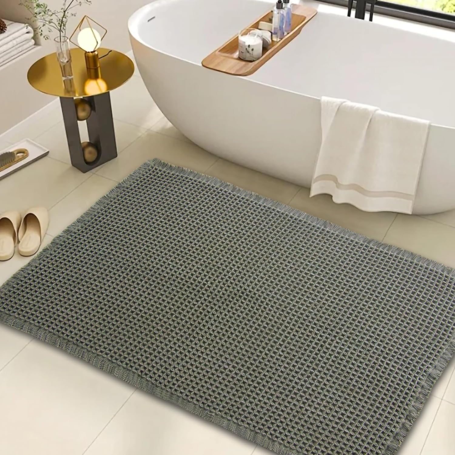 Waffle Bathroom Rug, Boho Bath Mat, Super Absorbent Non-Slip Washable Rug, Ultra Soft Rubber-Backed Shower Mat for Floor, Green 24x36in