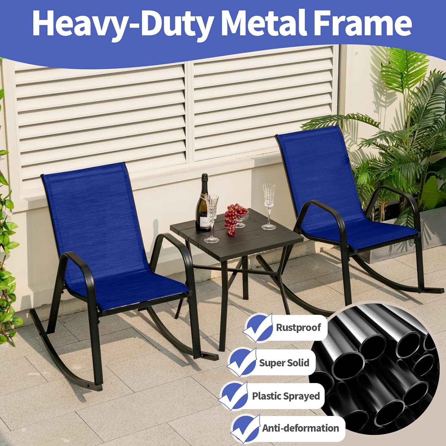 Tangkula Patio Rocking Chair Set of 2, Outdoor Ergonomic Rockers with Breathable Fabric Seat, Gentle Rocking Function, Sturdy Metal Rocker for Front Porch, Backyard, Garden (1, Navy)