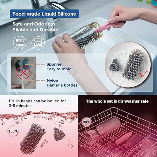Miniatura 4 de Kit limpiador de biberones esencial de viaje para bebés con cepillo de silicona para botellas, estante de secado a presión integrado, cepillo de