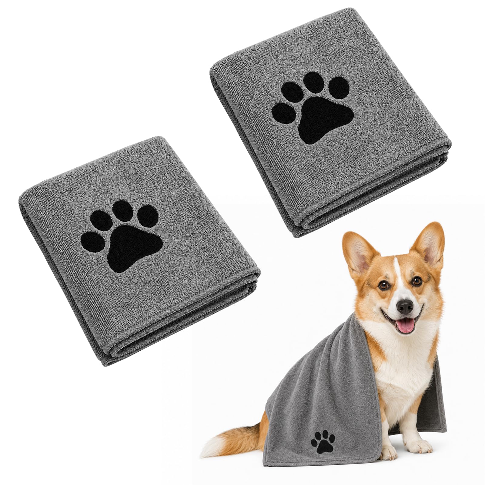soodyoow 2 Pack Dog Towels for Drying Dogs, 35 x 75 cm Dog Towel, Microfibre Dog Towel, Super Absorbent, Dog Microfibre Drying Towel, Dog Bath Towel, for Puppies, Cats and Other Pets (Grey)