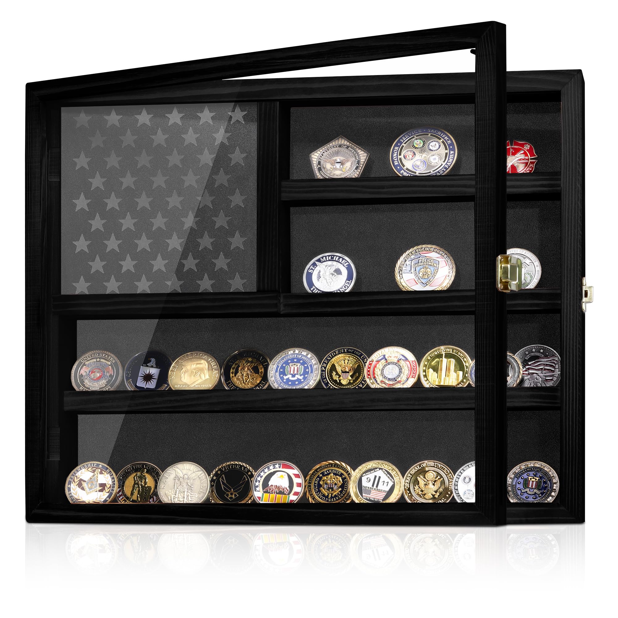 Challenge Coin Display Case, Lockable Military Coin Holder Cabinet with Removable Star Board & HD Tempered Glass Door, Solid Wood Wall Mount Coins Collection Rack Stand, Black