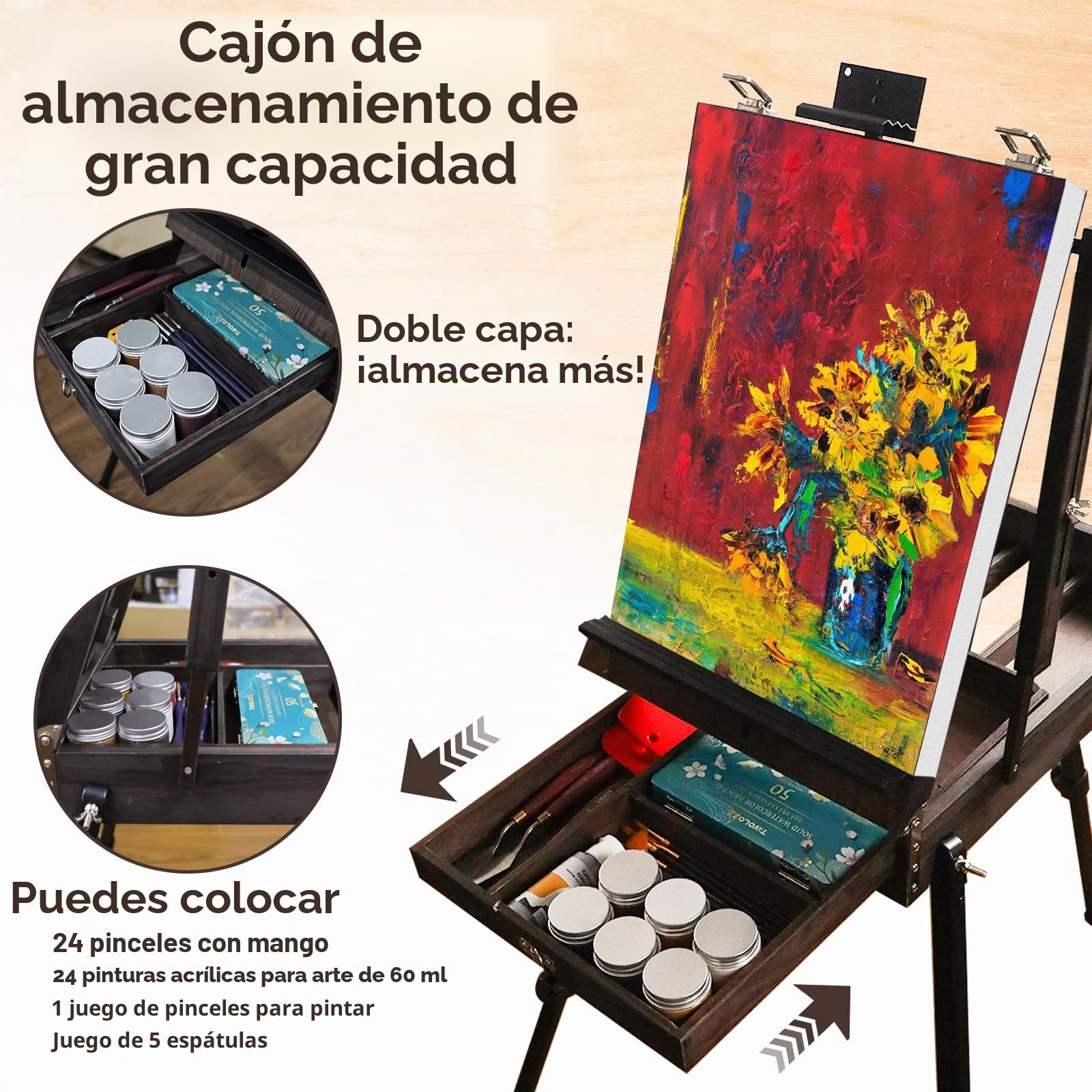 Conda Caballete de estilo francés 70" con patas de aluminio, plegable para bocetos, cajón y soporte de trípode