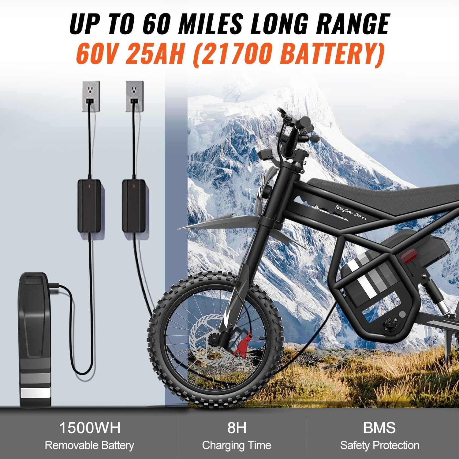 Riding'times Electric Dirt Bike for Teens Adults, 60V 25AH 40MPH // 48V 27AH 37MPH Ebike with 14"/12" Motorcycle Tire, 3000W/2000W Dual Hydraulic Brakes Mountain Off-Road Dirtbike for Ages 13+