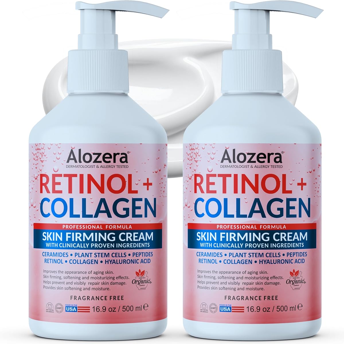 Alozera Loción corporal reafirmante con retinol y colágeno, humectante corporal antienvejecimiento para piel crepey, mejora la elasticidad de la piel, ligero y de rápida absorción, sin fragancia añadida, 16.9 oz (paquete de 2)